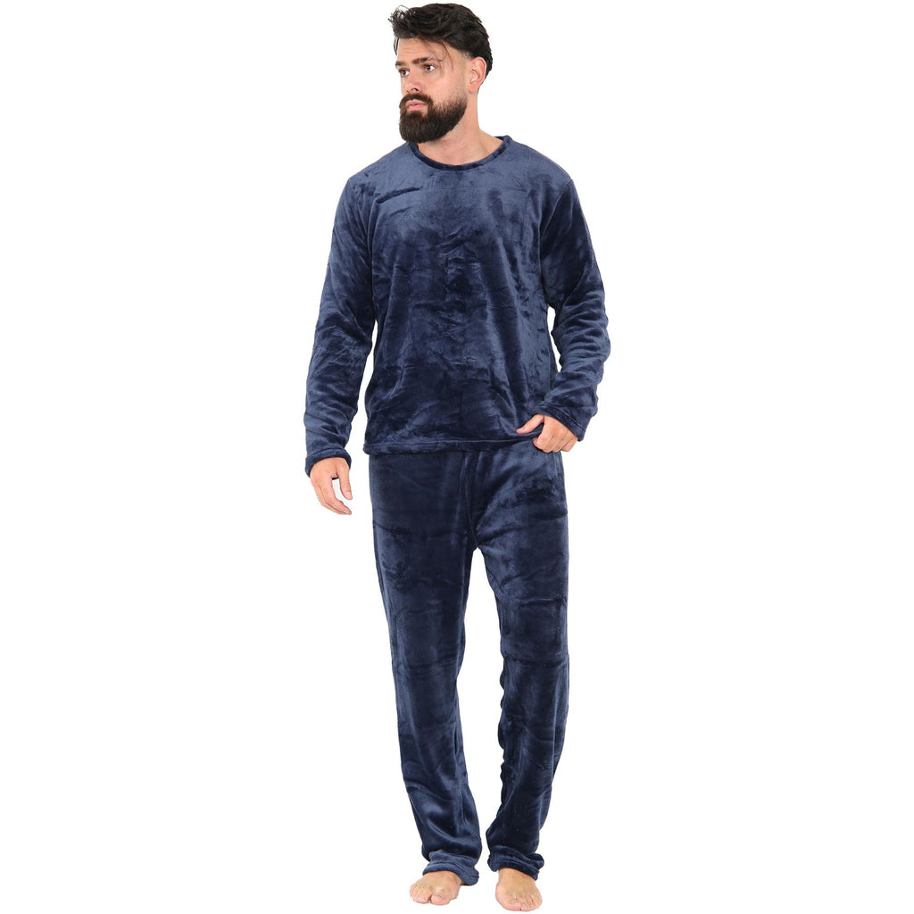 Mens Pyjamas Soft Warm Fleece Adults Crew Neck Pyjamas 2 Piece Gift Set For Mens