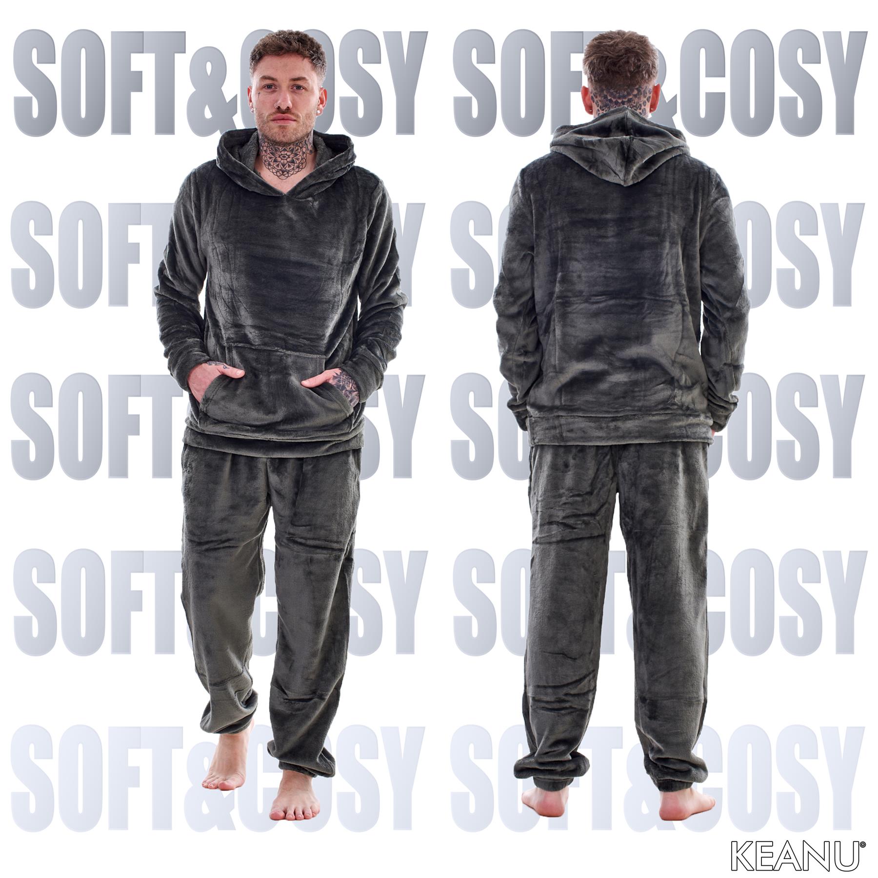 Mens Luxury Flannel Fleece Hooded Pyjamas Twosies Crew Neck Lounge Set Soft Warm