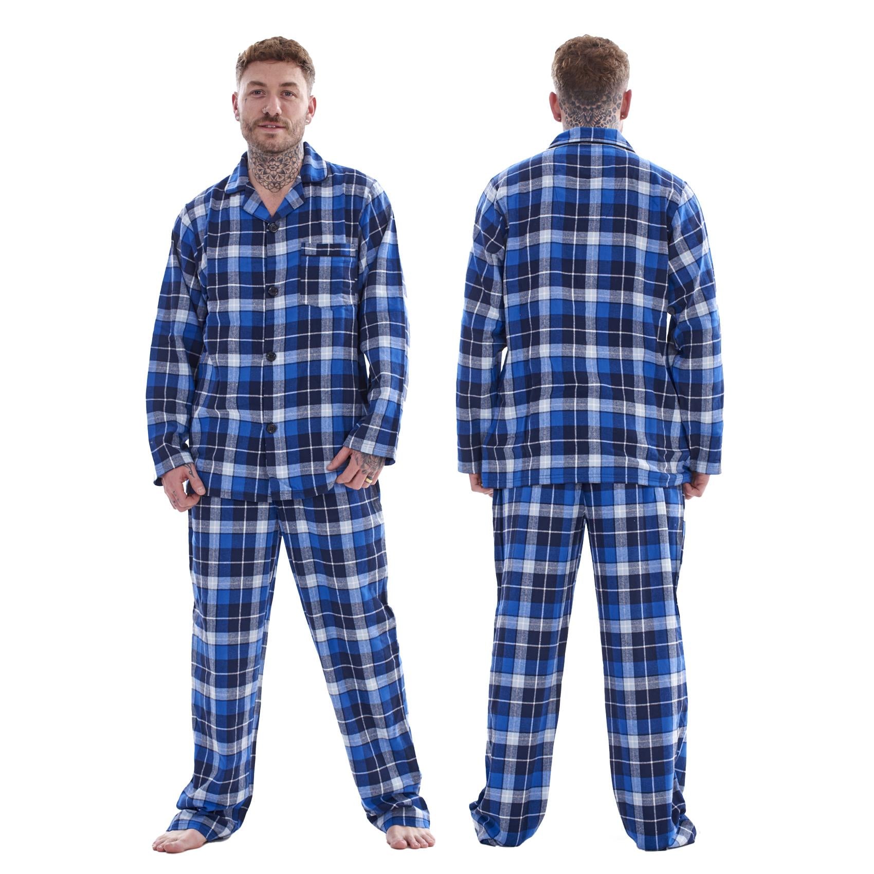 Mens Thermal Flannel Pyjamas Brushed Cotton Check Stripe Winter Warm  S - 5XL