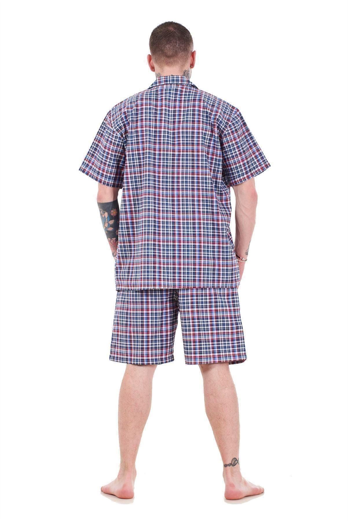 Mens Yarn Dyed Woven Pyjama Set Regular Big Size Check Cotton Blend Shorts M-5XL