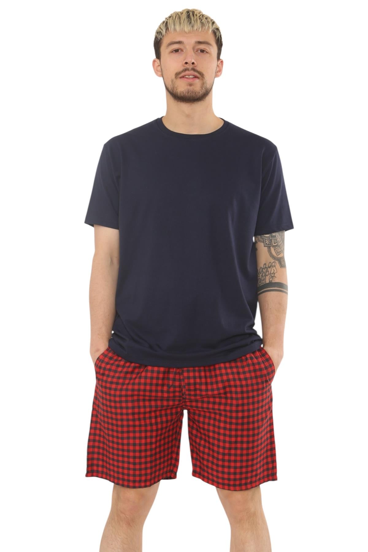 Mens Check Cotton Pyjama Set T-Shirt Woven Shorts Lounge Sleepwear Nightwear Set