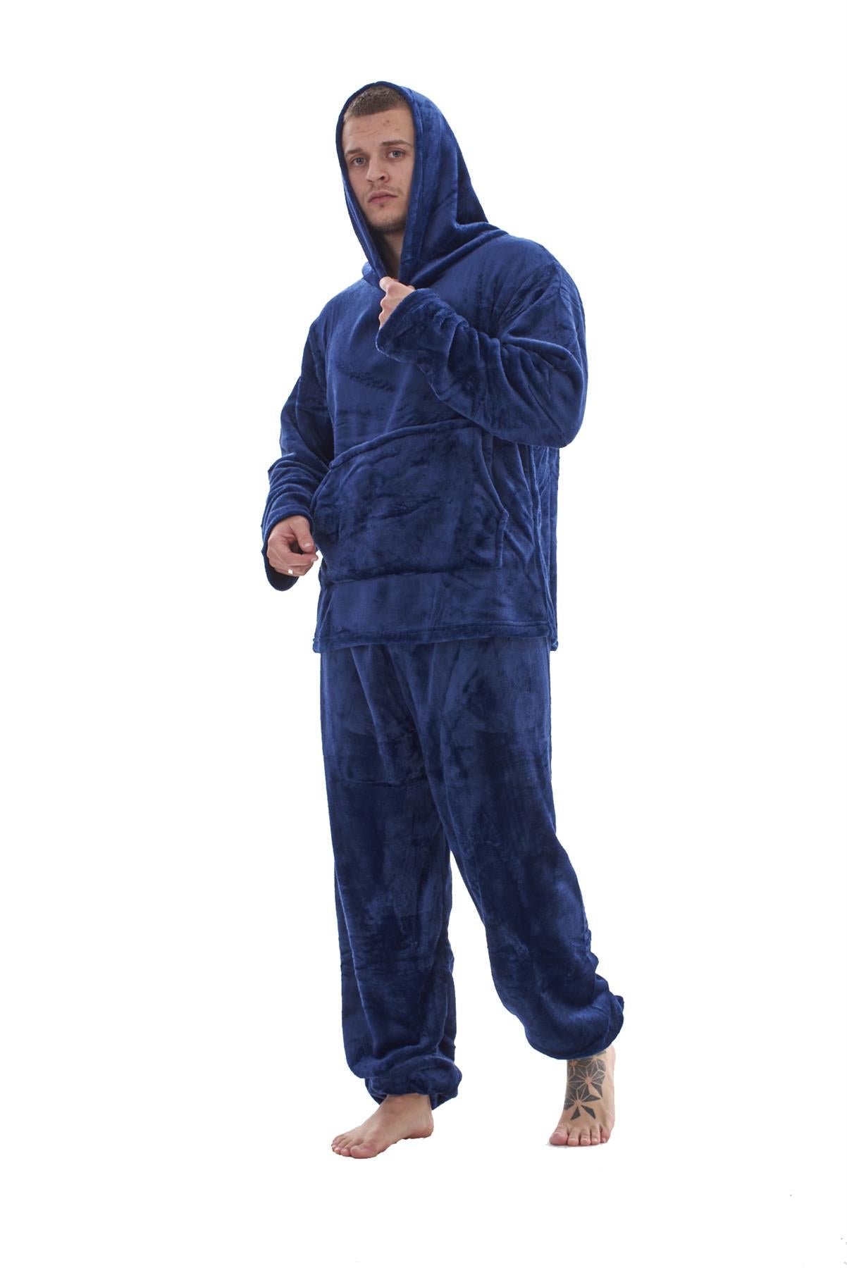 Mens Fleece Flannel Pyjama Set Hooded Warm Winter Loungewear M to XXL