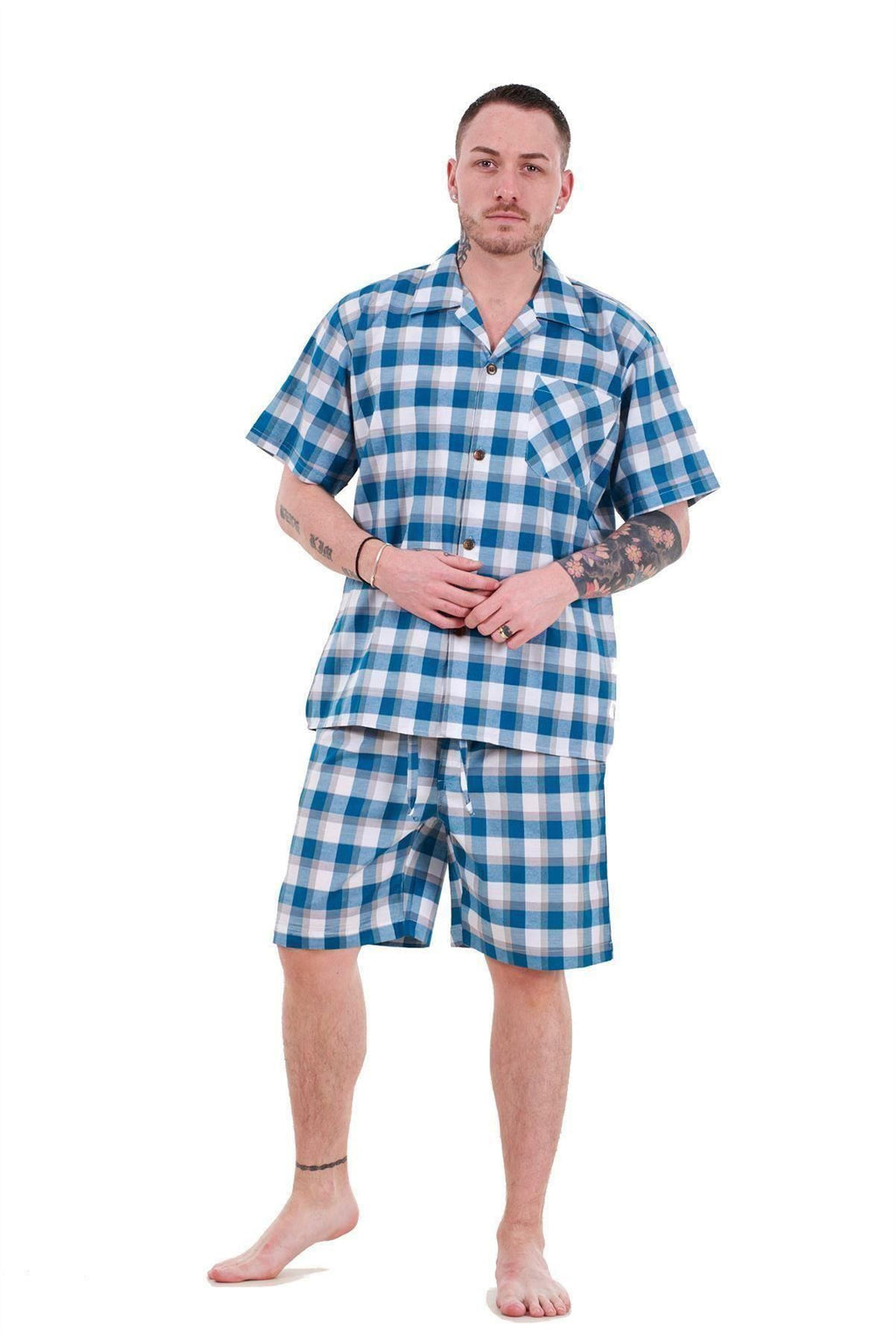 Mens Yarn Dyed Woven Pyjama Set Regular Big Size Check Cotton Blend Shorts M-5XL