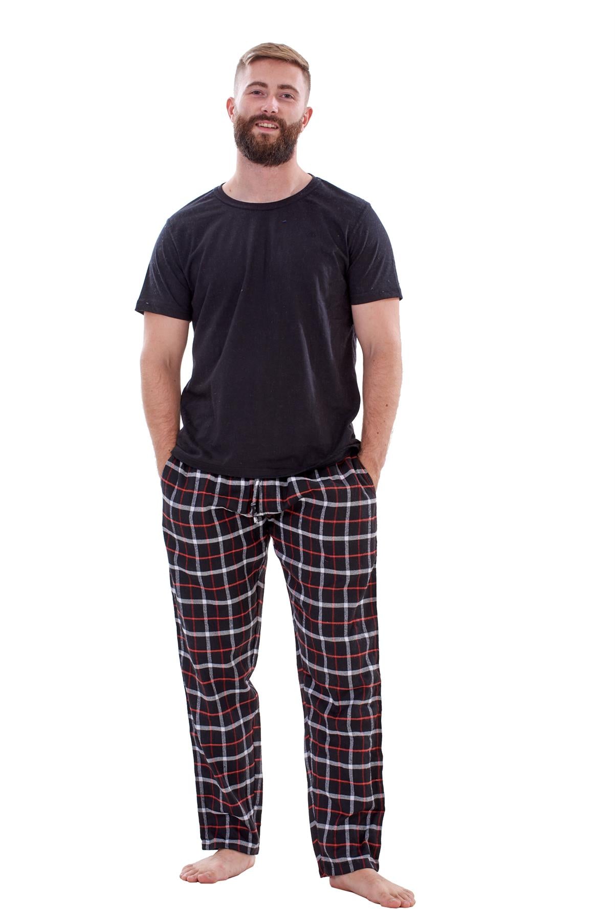 Mens Flannel Pyjama Set Brushed Cotton Check Jersey Top Loungewear Lightweight