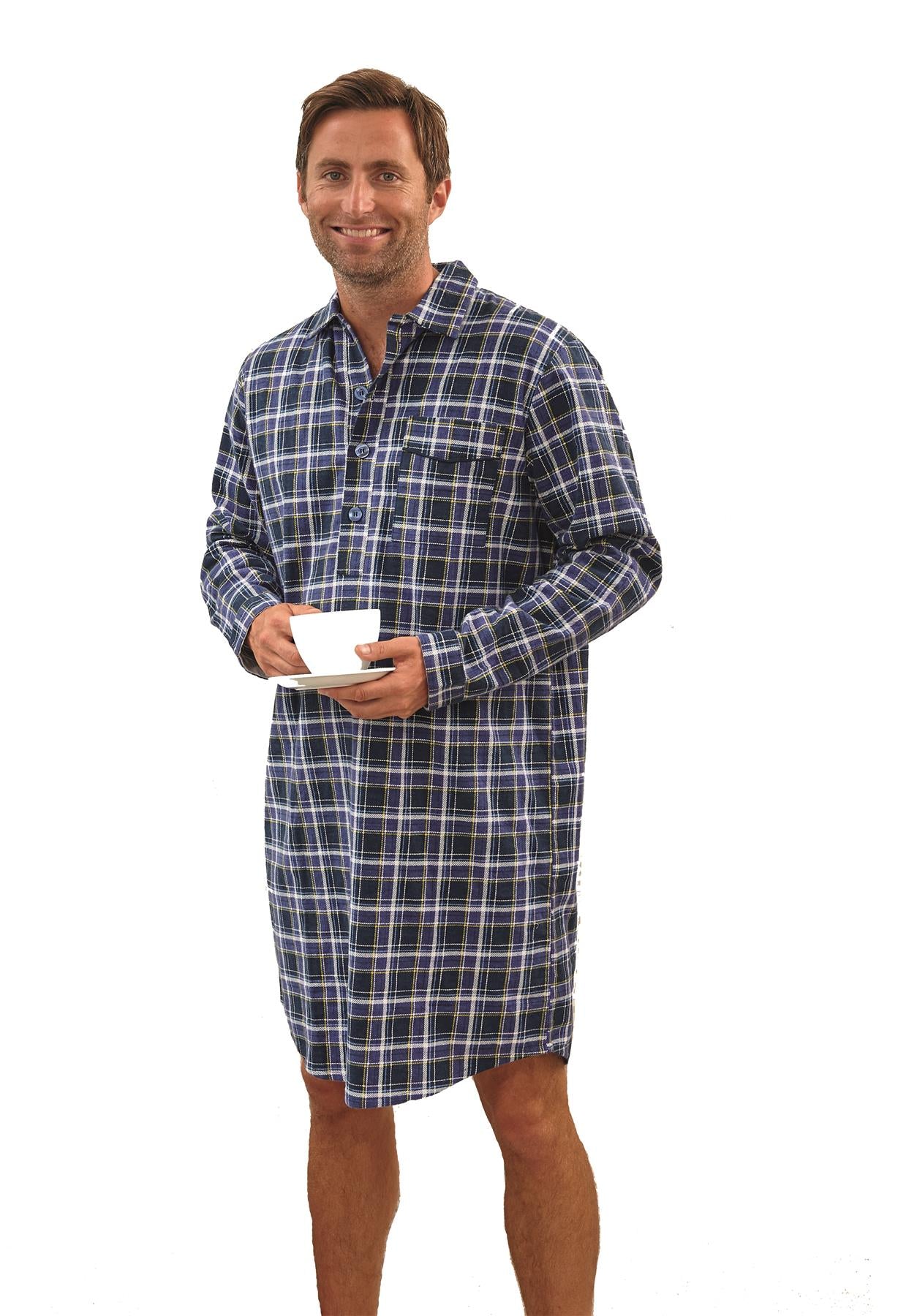 Mens Champion Brushed Cotton Thermal Blue Check Warm Pyjamas / Nightshirt M-5XL