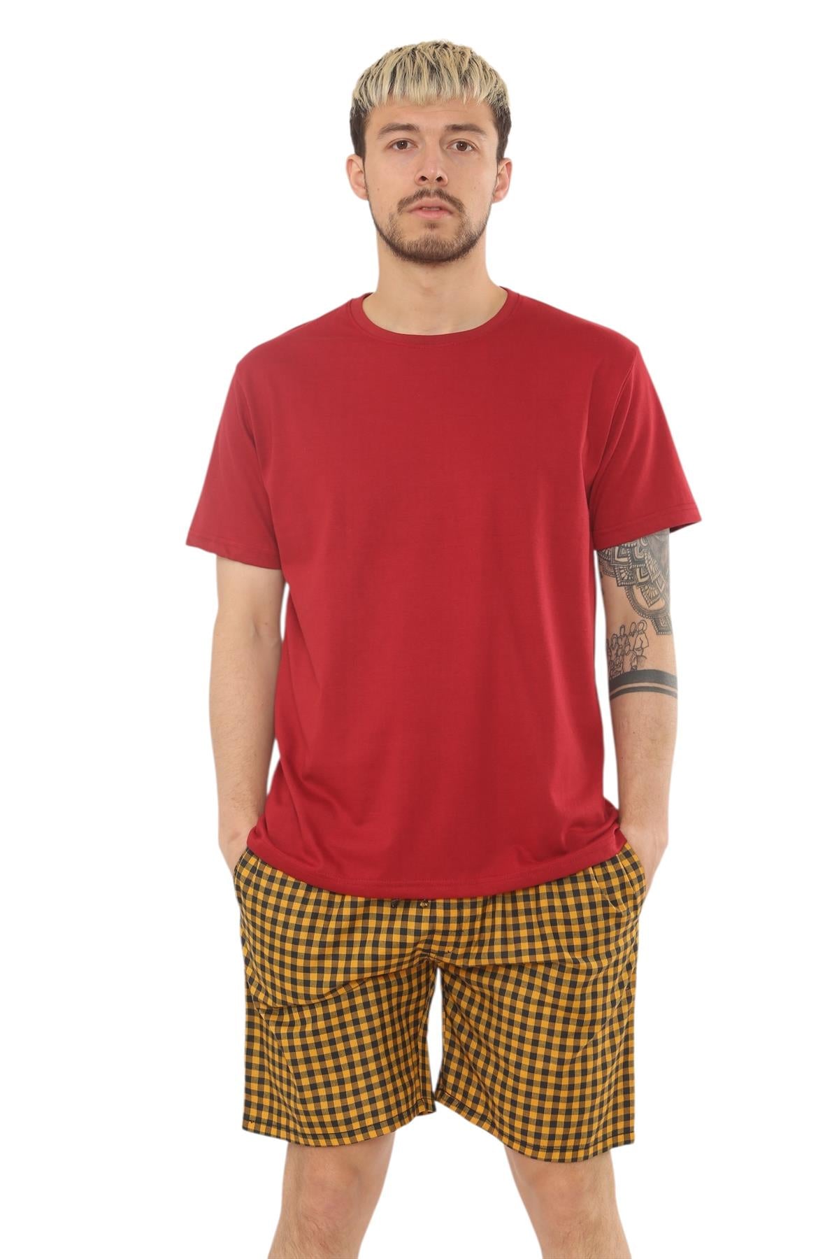Mens Check Cotton Pyjama Set T-Shirt Woven Shorts Lounge Sleepwear Nightwear Set