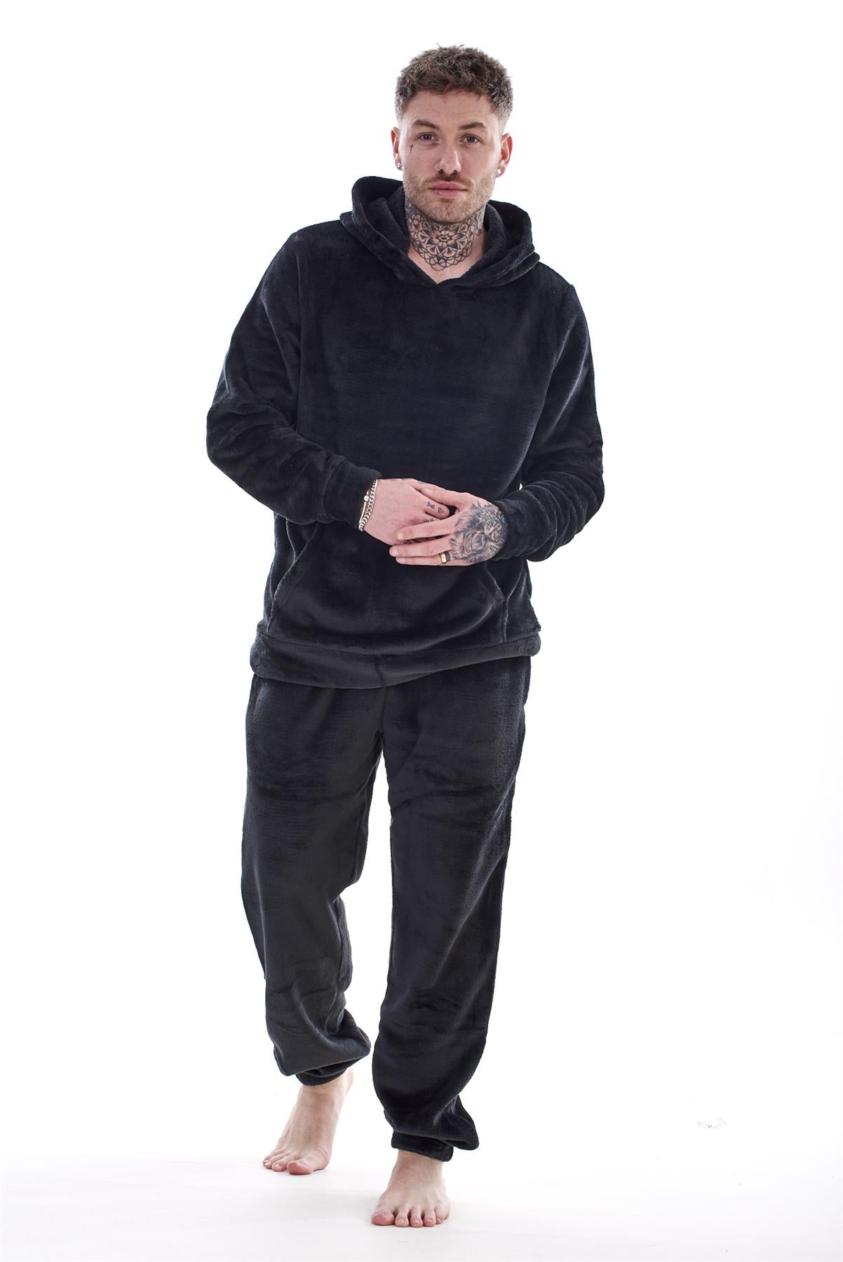 Mens Luxury Flannel Fleece Hooded Pyjamas Twosies Crew Neck Lounge Set Soft Warm