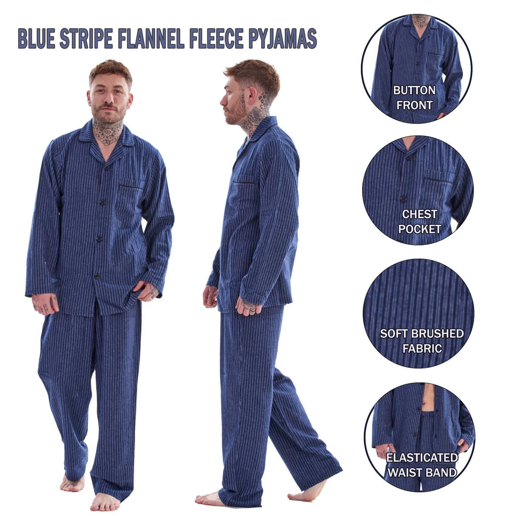 Mens Thermal Flannel Pyjamas Brushed Cotton Check Stripe Winter Warm  S - 5XL
