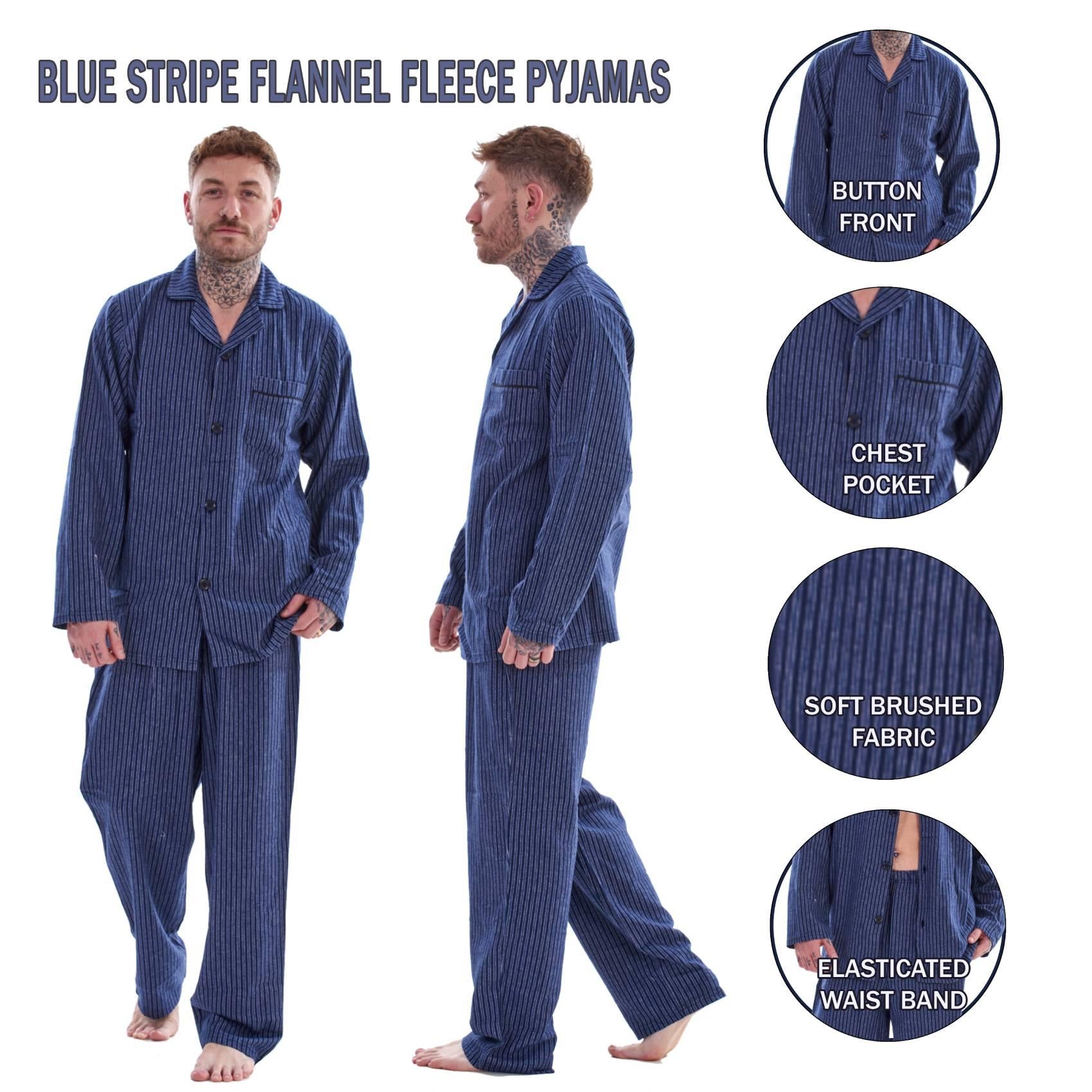 Mens Thermal Flannel Pyjamas Brushed Cotton Check Stripe Winter Warm  S - 5XL