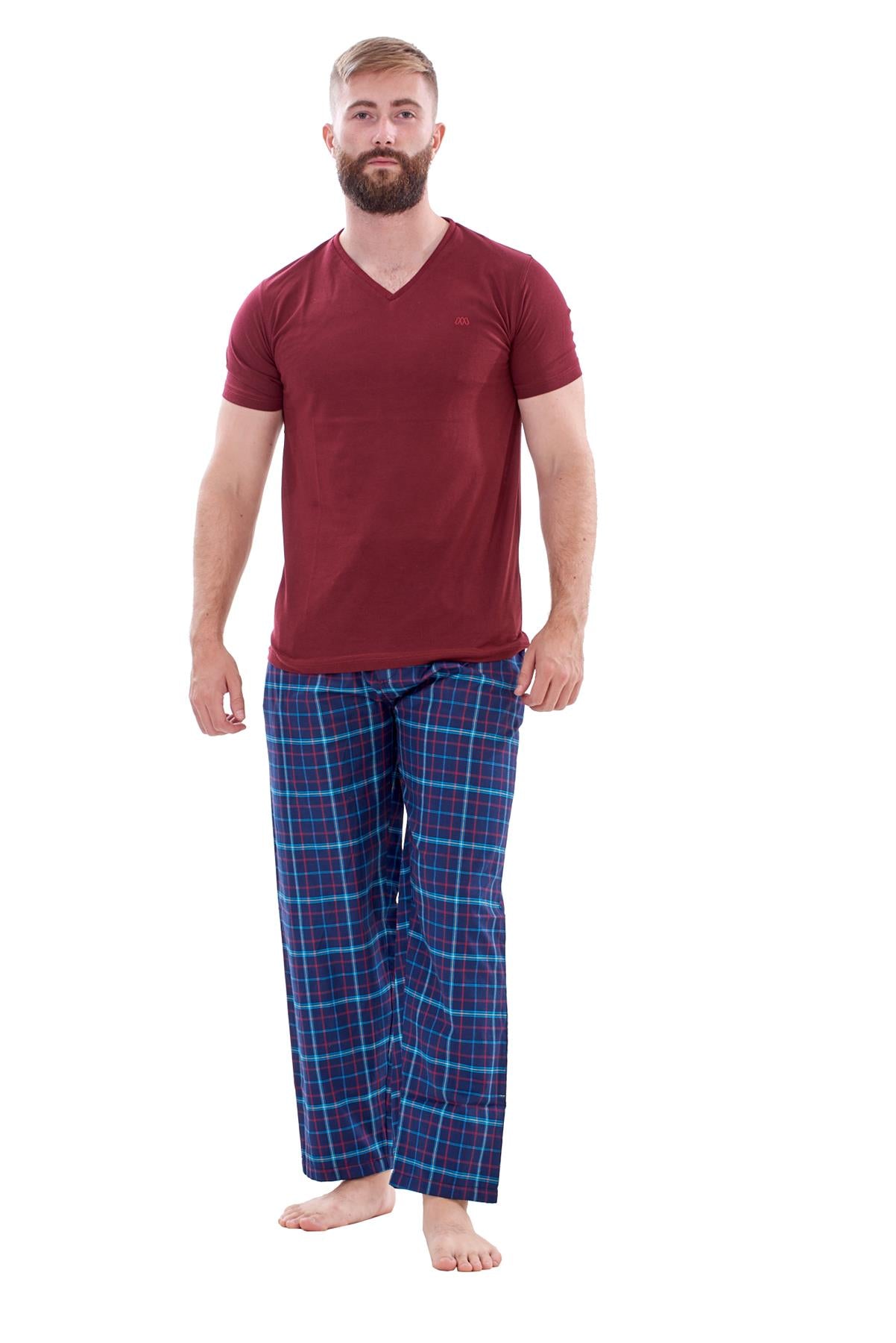 Mens Nightwear Pyjama Set Woven Cotton Check Jersey Top Loungewear Lightweight