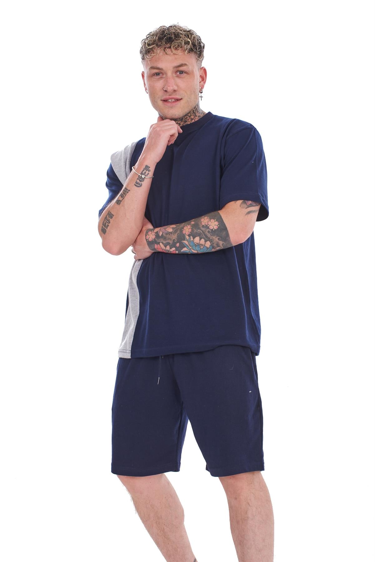 Mens Contrast Panel T-Shirt & Shorts Set Summer Tracksuit 2 Piece loungewear