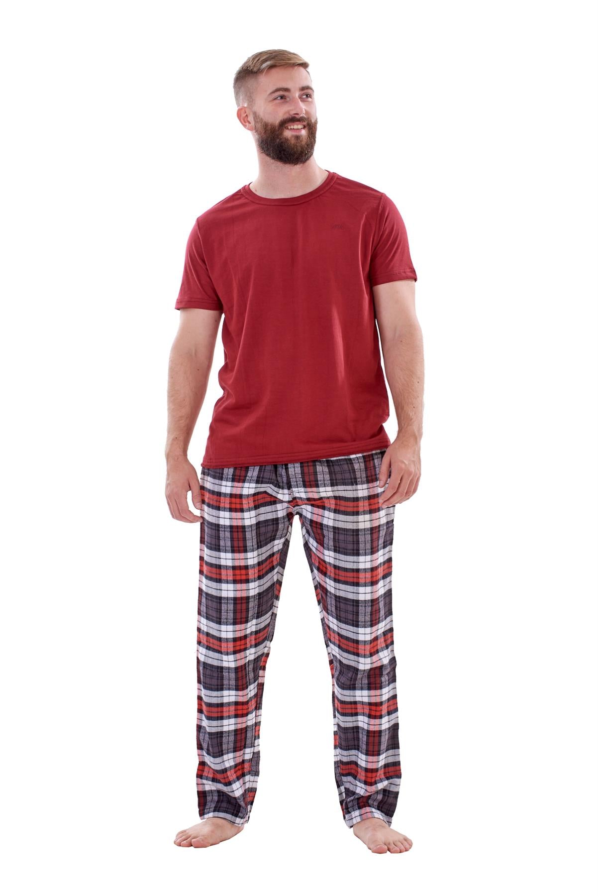 Mens Flannel Pyjama Set Brushed Cotton Check Jersey Top Loungewear Lightweight