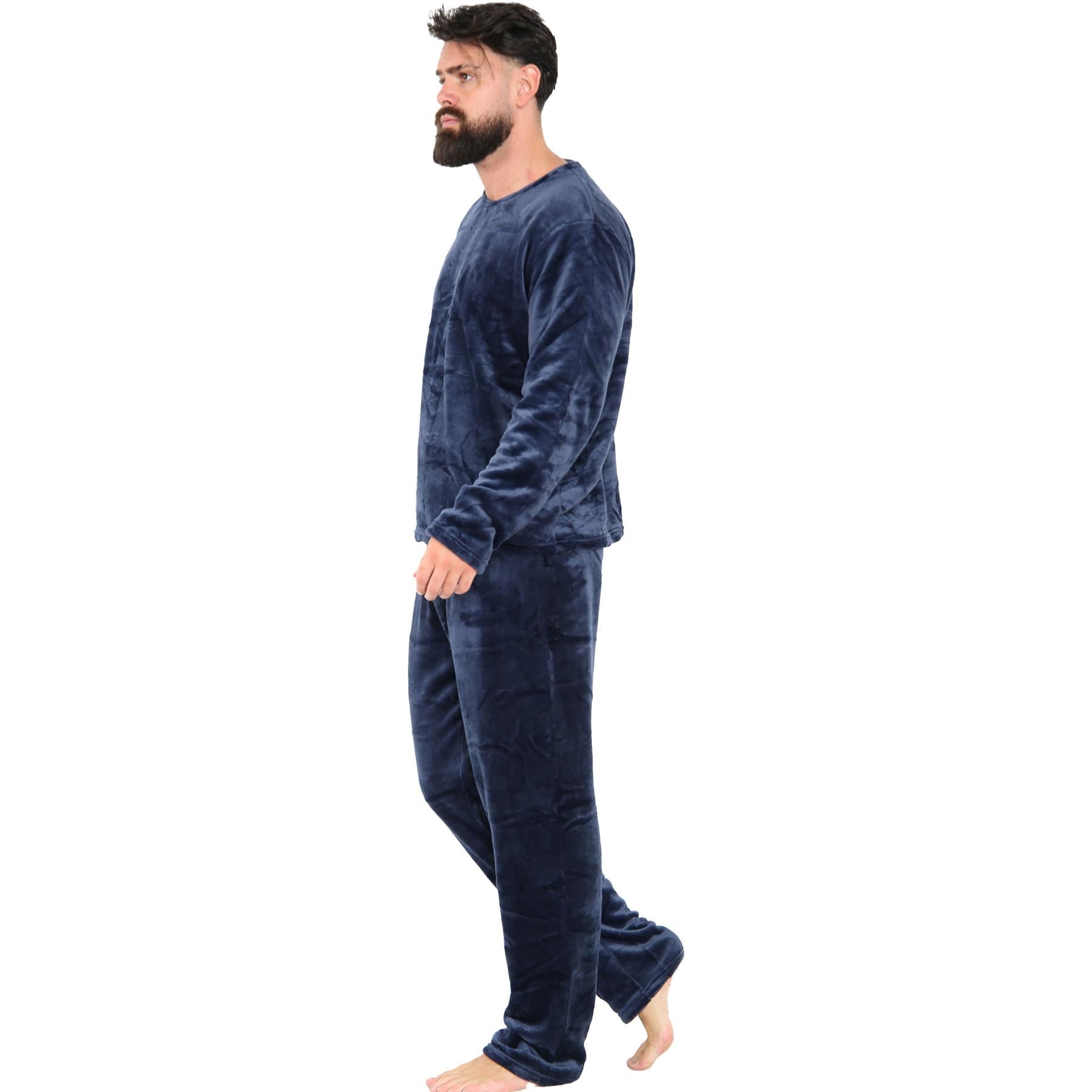 Mens Pyjamas Soft Warm Fleece Adults Crew Neck Pyjamas 2 Piece Gift Set For Mens