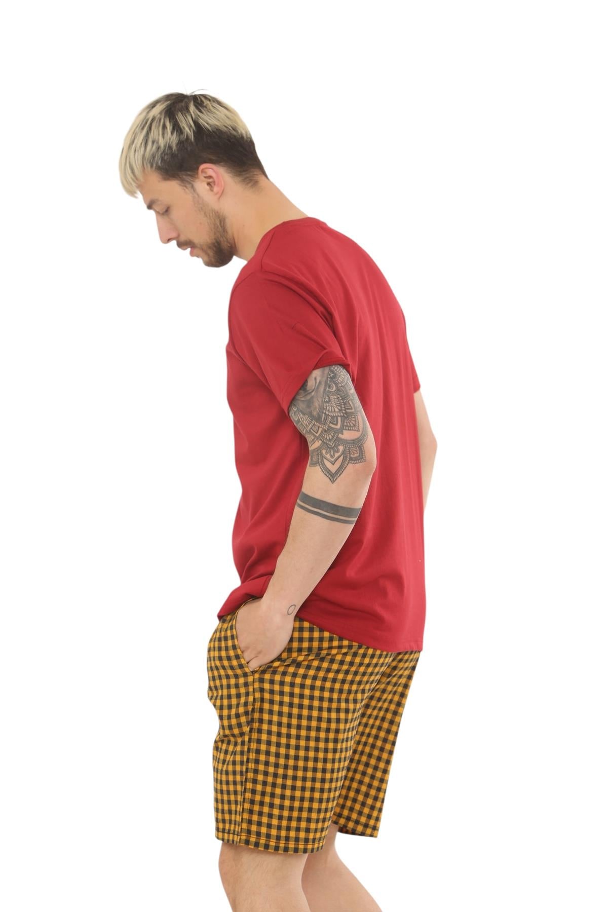 Mens Check Cotton Pyjama Set T-Shirt Woven Shorts Lounge Sleepwear Nightwear Set