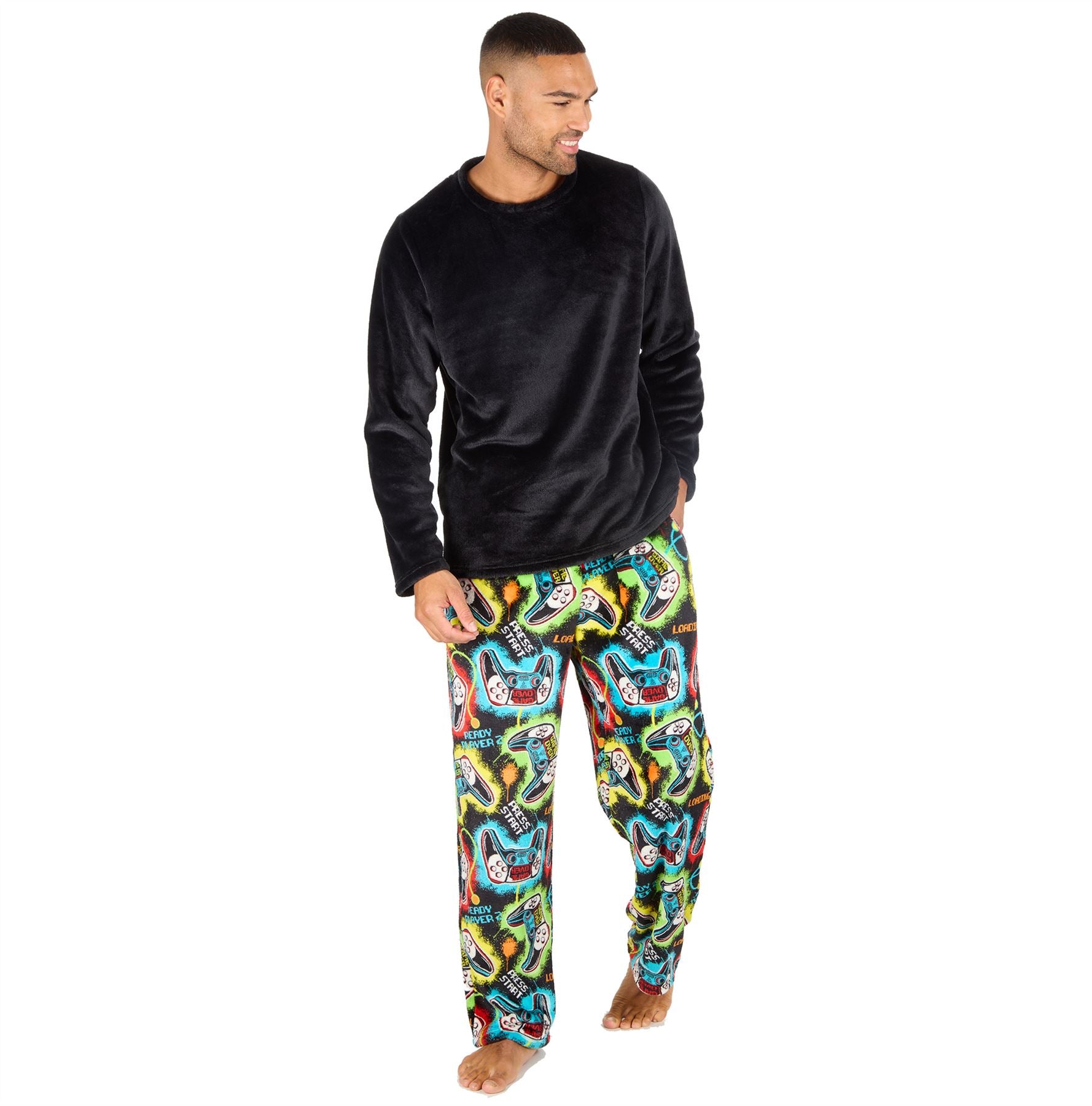 Mens Fleece Pyjamas Long Sleeve Pyjama Set Gamer Gaming Check Size S-XXL