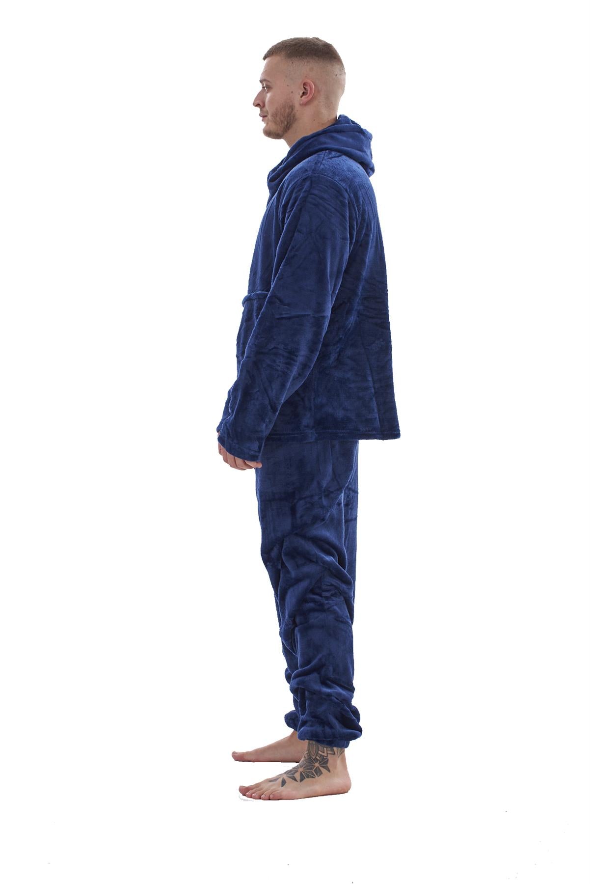 Mens Fleece Flannel Pyjama Set Hooded Warm Winter Loungewear M to XXL