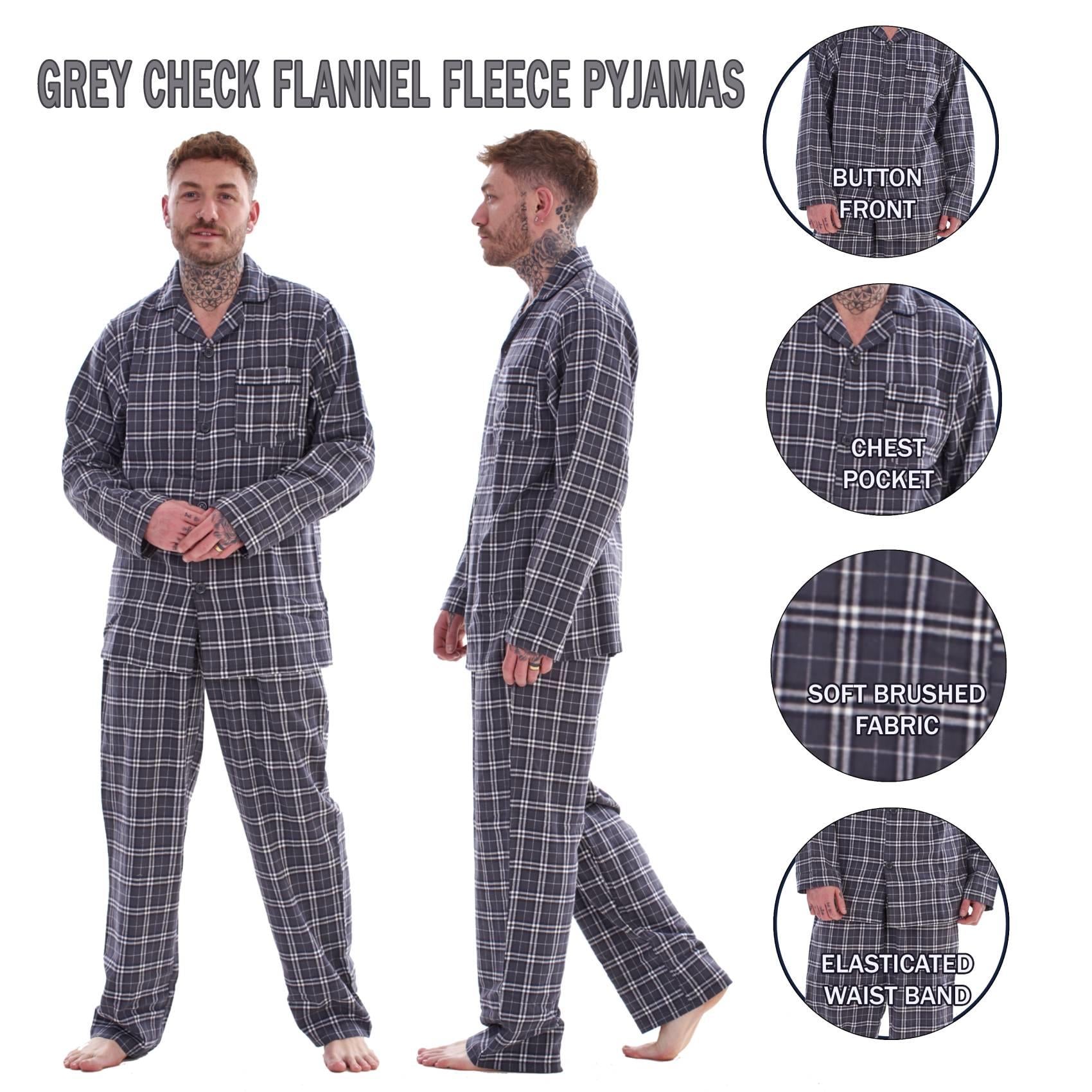 Mens Thermal Flannel Pyjamas Brushed Cotton Check Stripe Winter Warm  S - 5XL