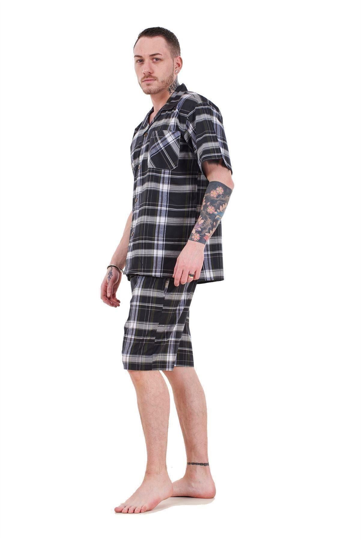 Mens Yarn Dyed Woven Pyjama Set Regular Big Size Check Cotton Blend Shorts M-5XL