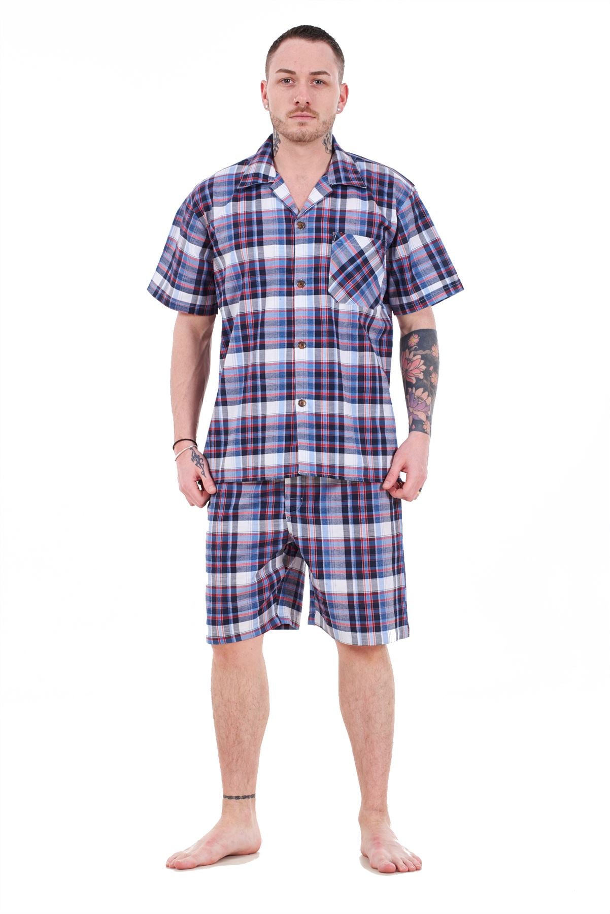 Mens Yarn Dyed Woven Pyjama Set Regular Big Size Check Cotton Blend Shorts M-5XL