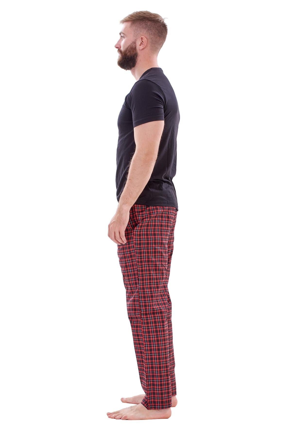 Mens Nightwear Pyjama Set Woven Cotton Check Jersey Top Loungewear Lightweight