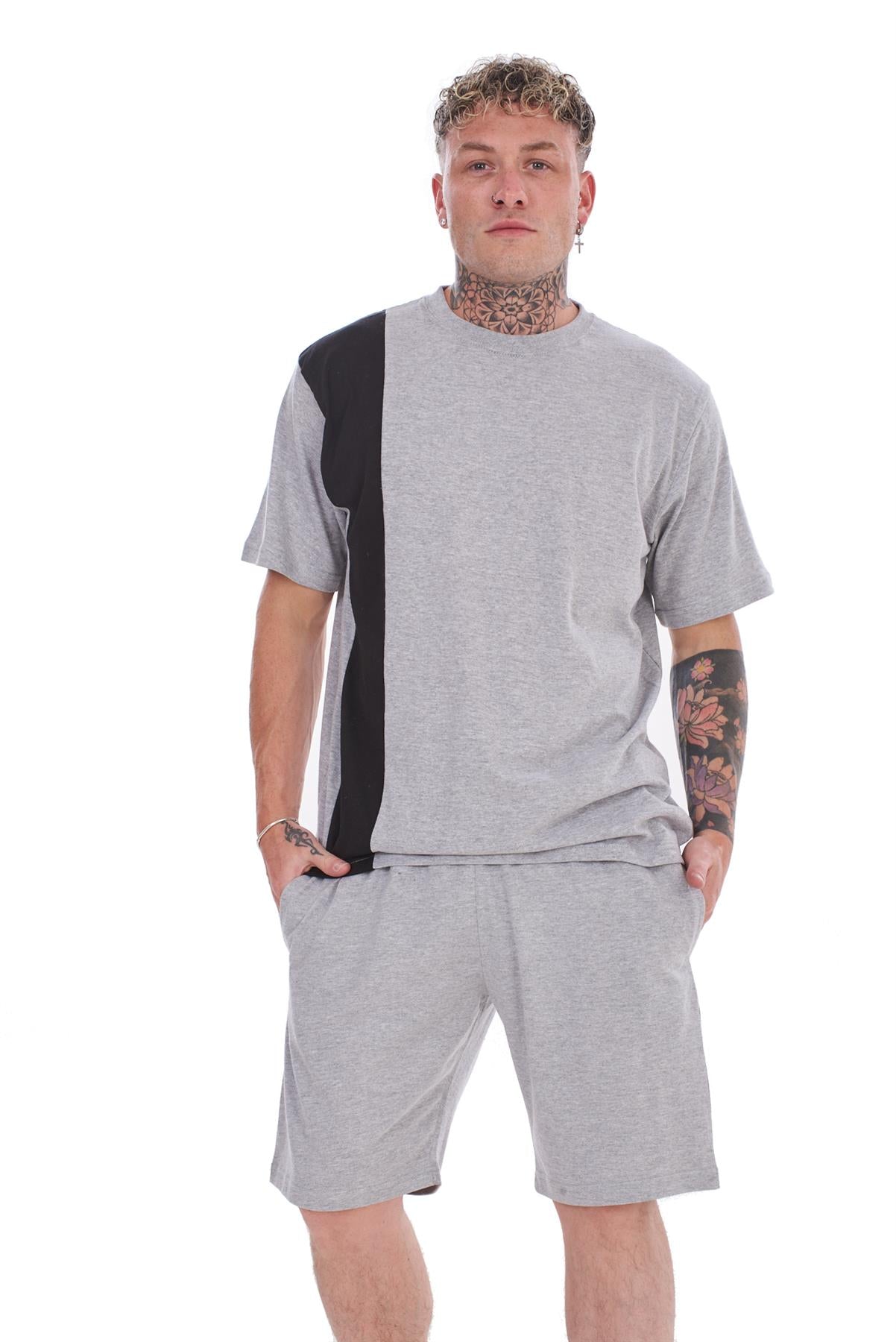 Mens Contrast Panel T-Shirt & Shorts Set Summer Tracksuit 2 Piece loungewear