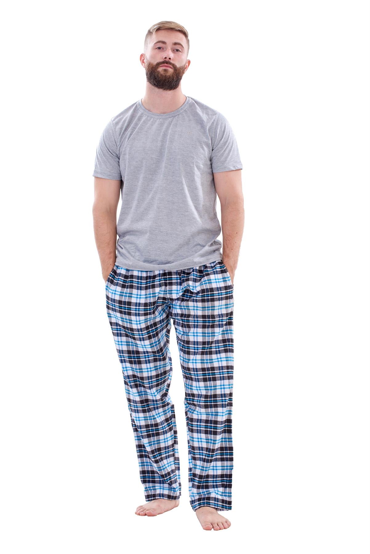 Mens Flannel Pyjama Set Brushed Cotton Check Jersey Top Loungewear Lightweight