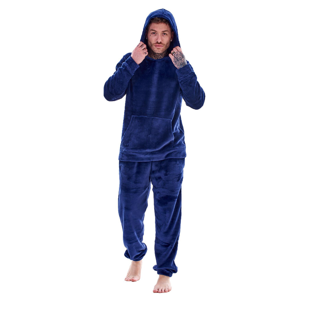Mens Luxury Flannel Fleece Hooded Pyjamas Twosies Crew Neck Lounge Set Soft Warm