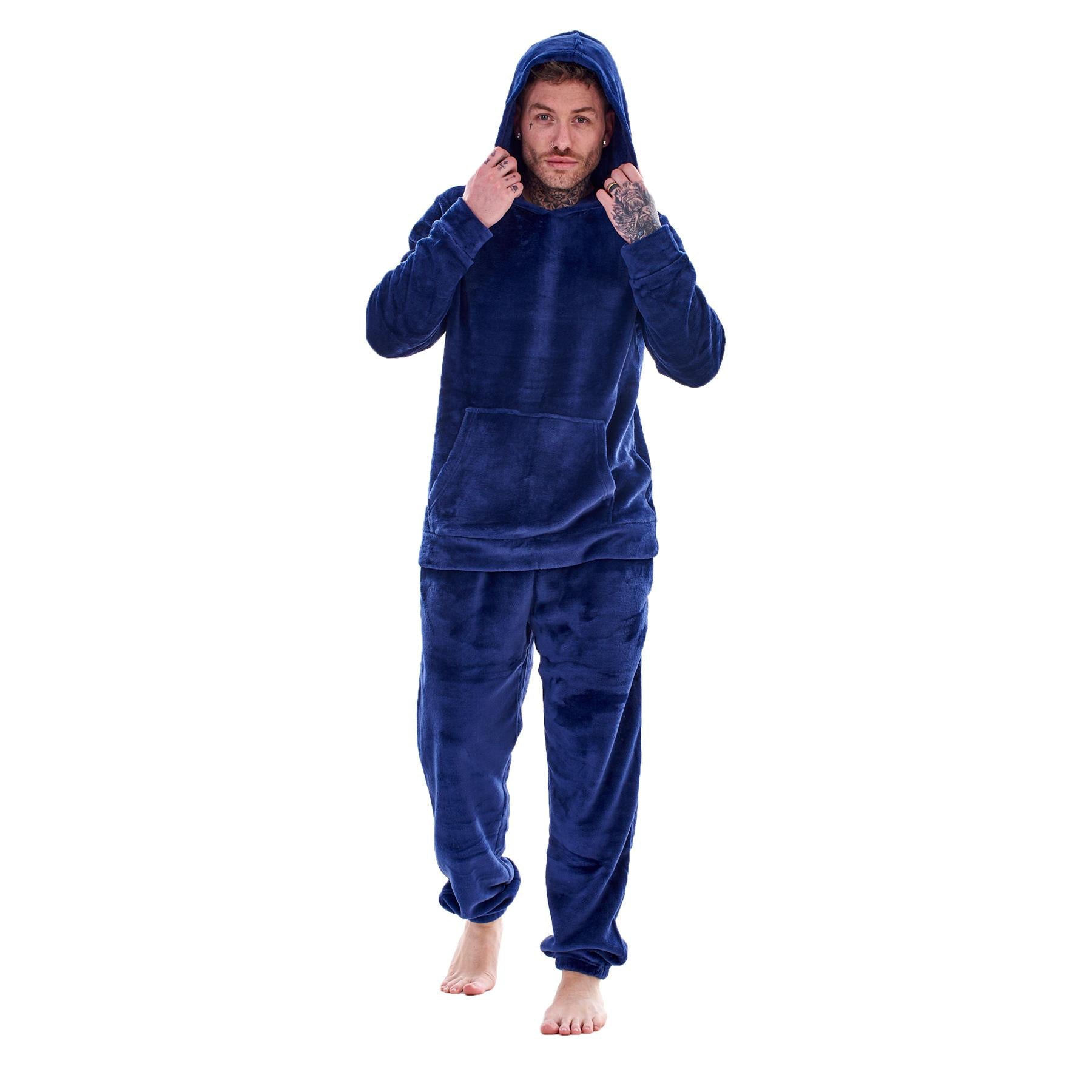 Mens Luxury Flannel Fleece Hooded Pyjamas Twosies Crew Neck Lounge Set Soft Warm