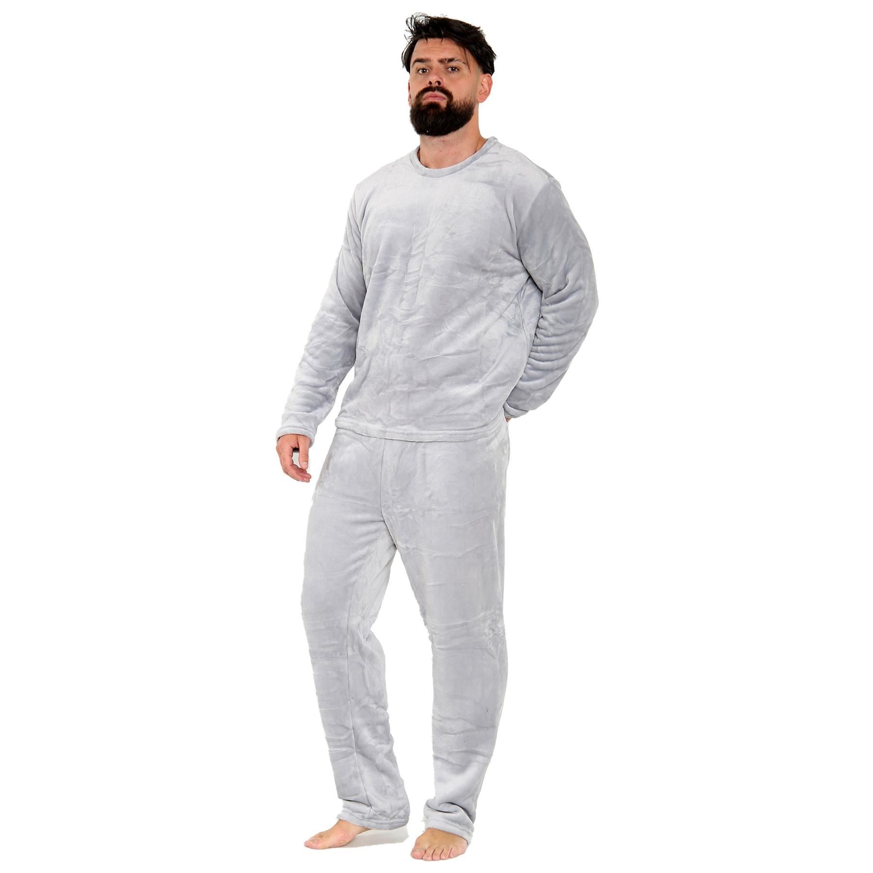 Mens Pyjamas Soft Warm Fleece Adults Crew Neck Pyjamas 2 Piece Gift Set For Mens