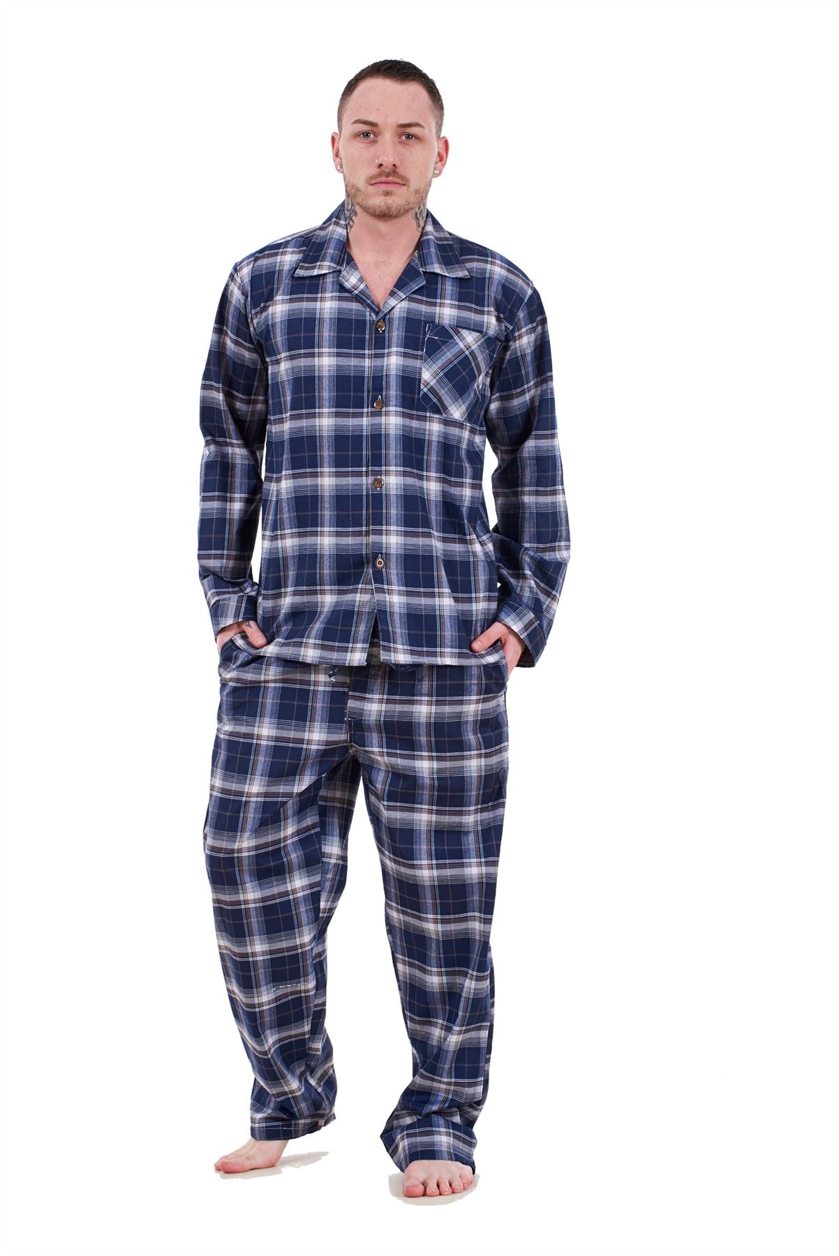 Mens Pyjama Set Yarn Dyed Woven Check Cotton Blend Loungewear Regular Big Size