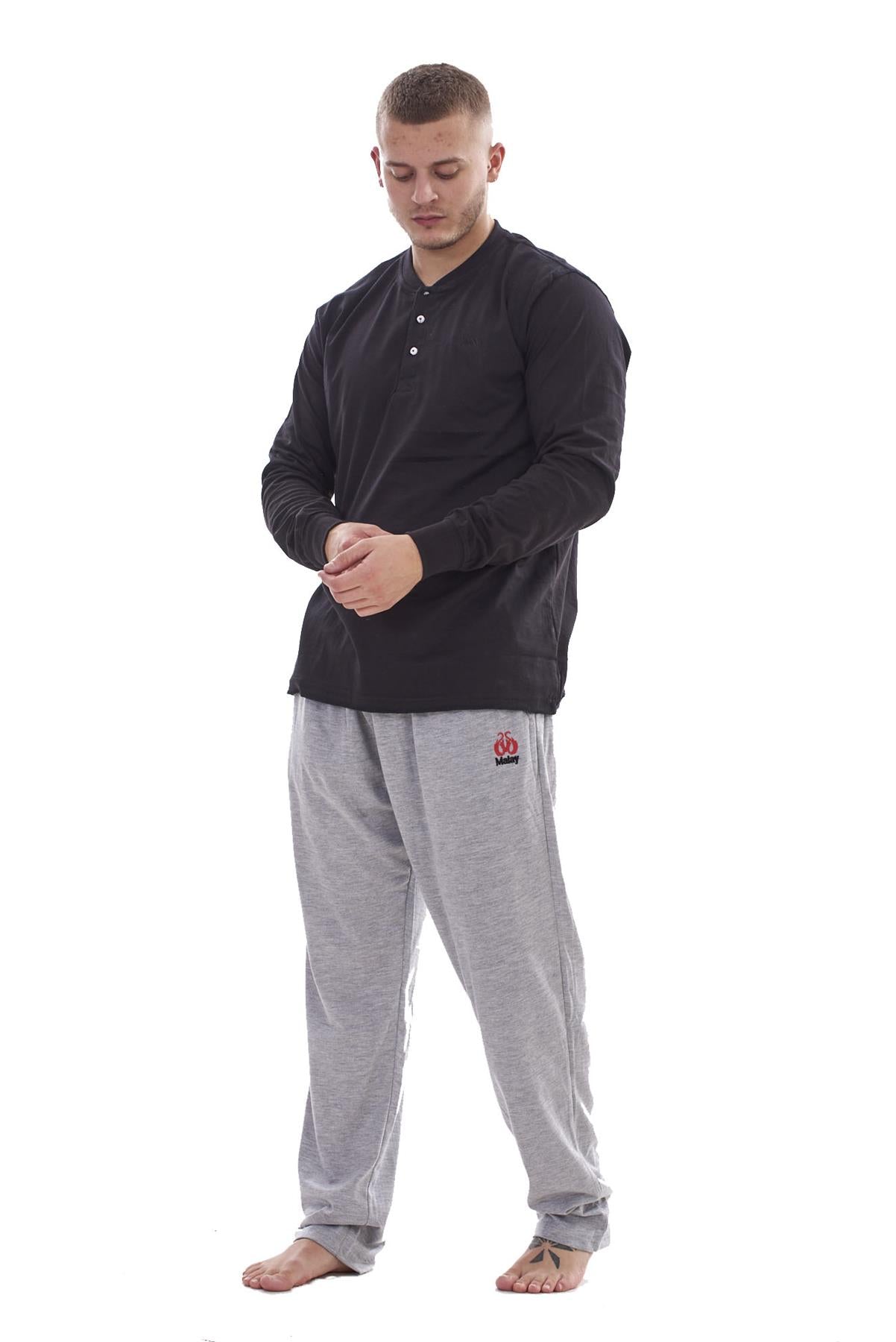 Mens Pyjama Set Cotton Jersey Henley Top Loungewear Lightweight Nightwear M-XXL