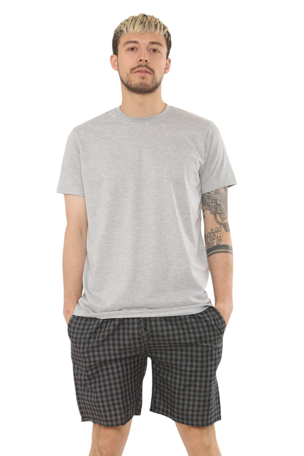 Mens Check Cotton Pyjama Set T-Shirt Woven Shorts Lounge Sleepwear Nightwear Set