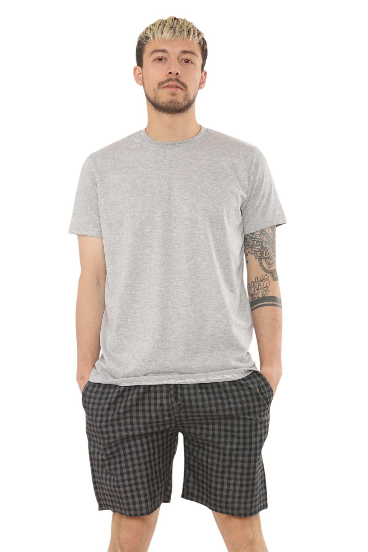Mens Check Cotton Pyjama Set T-Shirt Woven Shorts Lounge Sleepwear Nightwear Set
