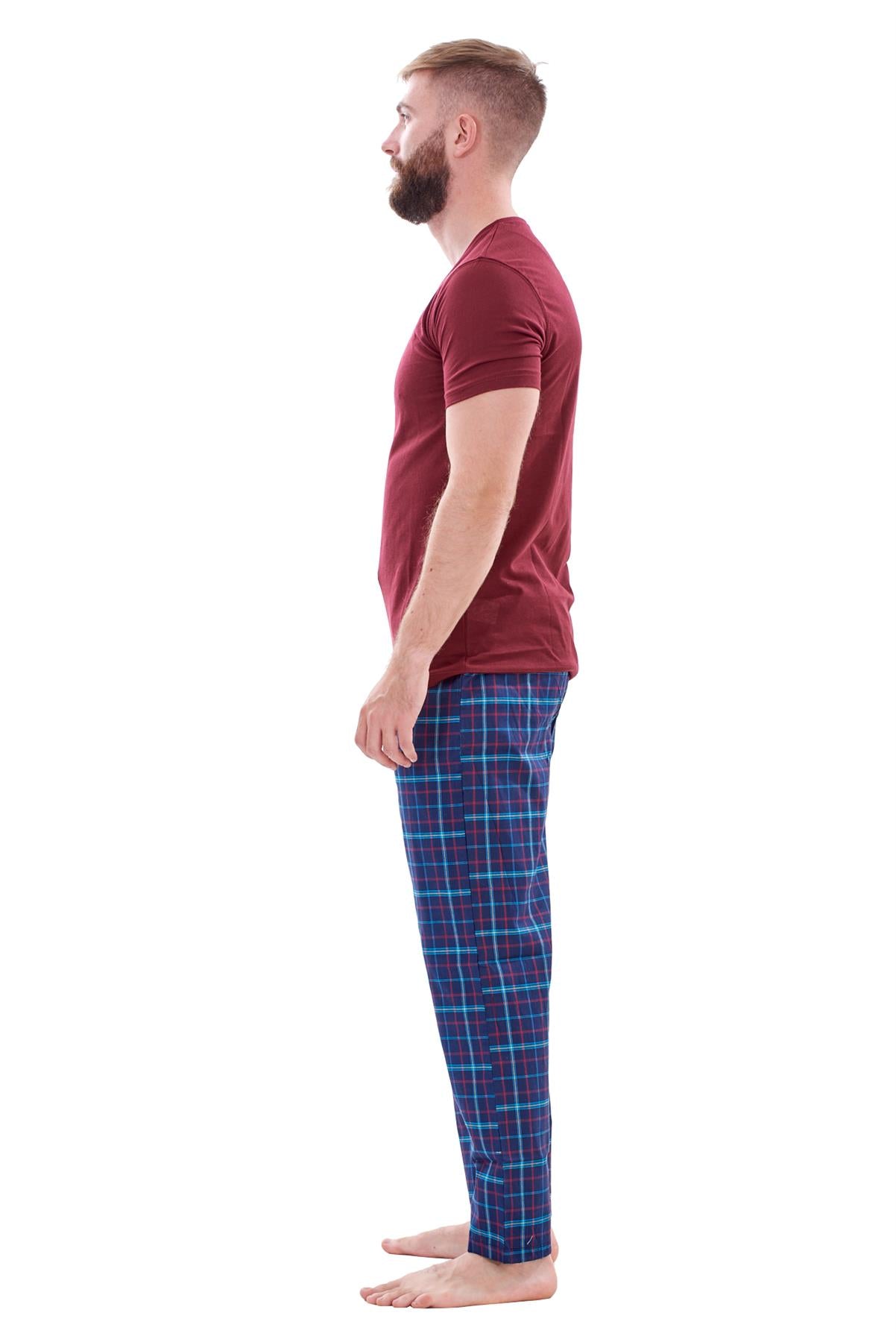 Mens Nightwear Pyjama Set Woven Cotton Check Jersey Top Loungewear Lightweight