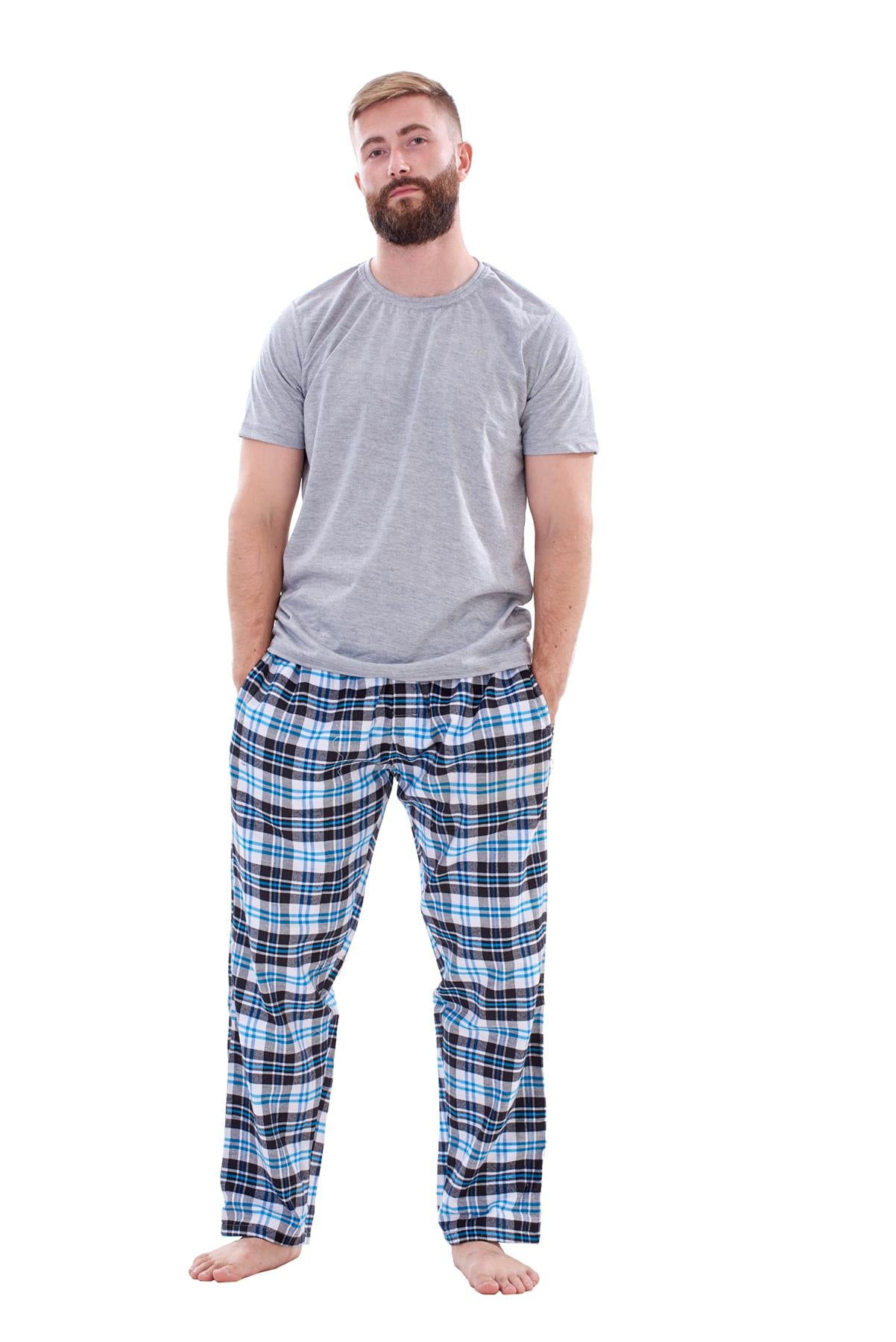 Mens Flannel Pyjama Set Brushed Cotton Check Jersey Top Loungewear Lightweight