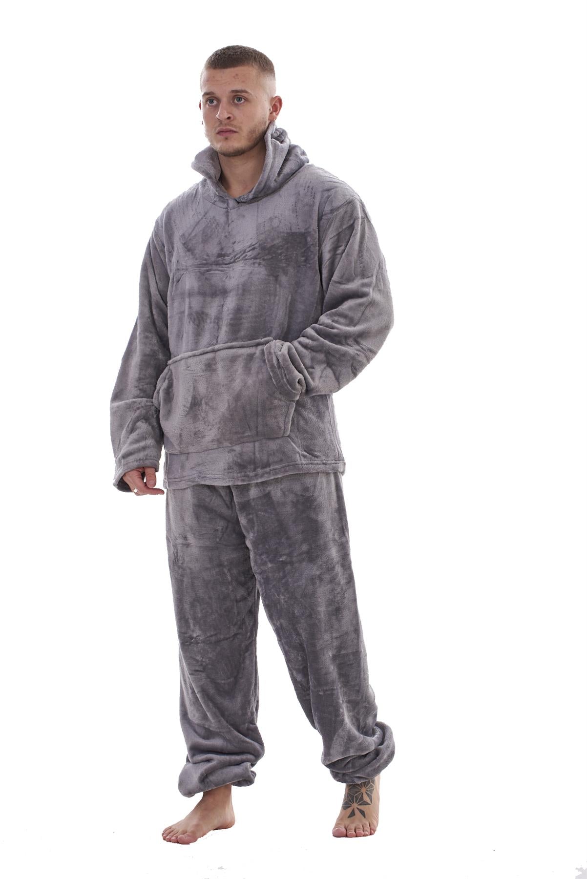 Mens Fleece Flannel Pyjama Set Hooded Warm Winter Loungewear M to XXL