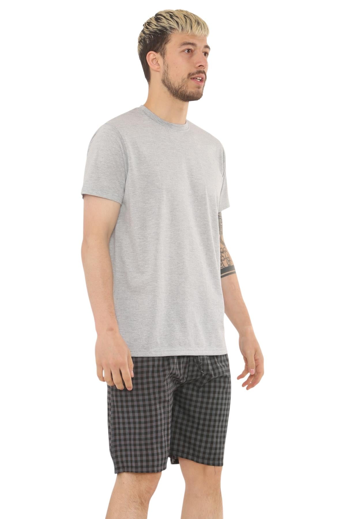 Mens Check Cotton Pyjama Set T-Shirt Woven Shorts Lounge Sleepwear Nightwear Set