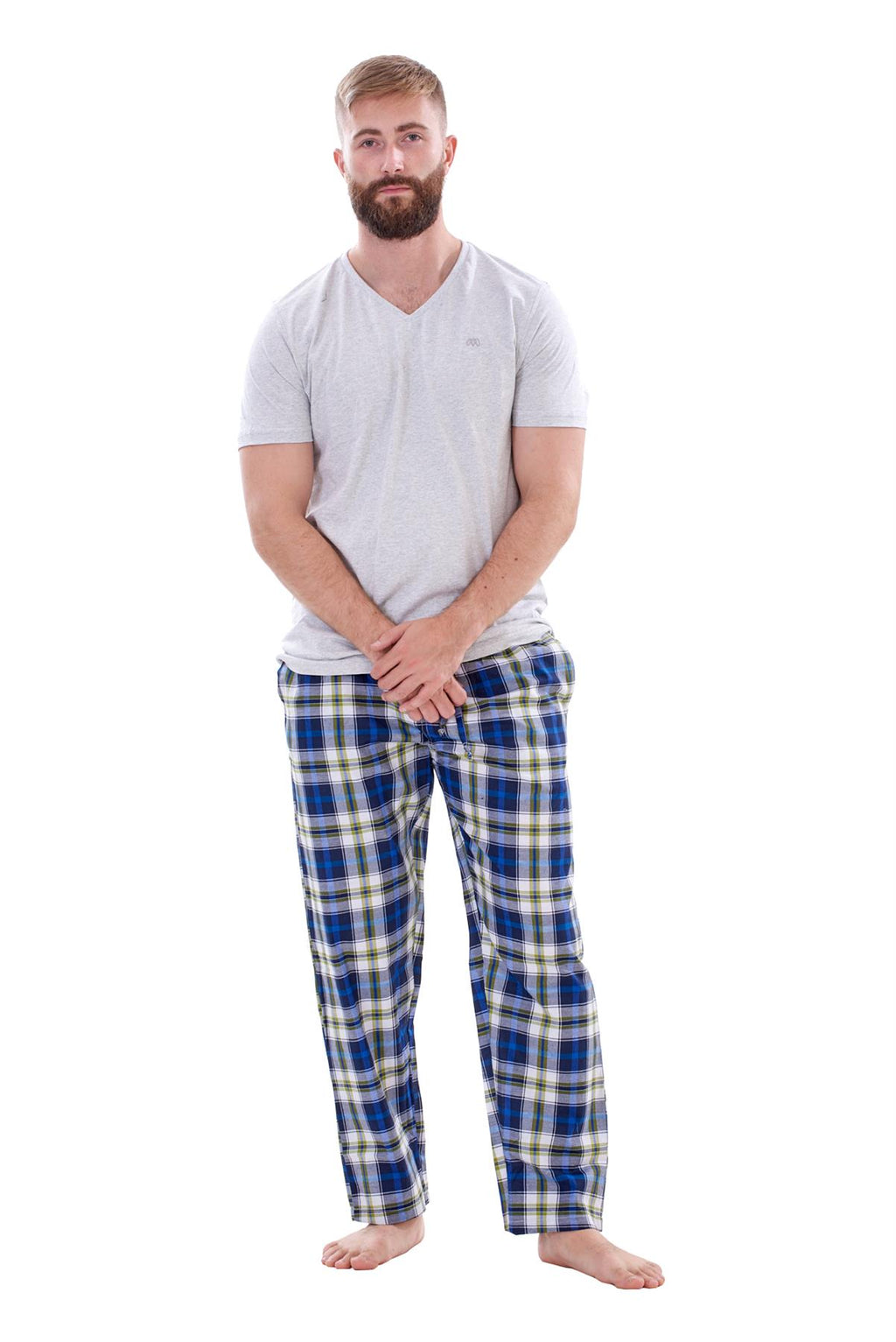 Mens Nightwear Pyjama Set Woven Cotton Check Jersey Top Loungewear Lightweight
