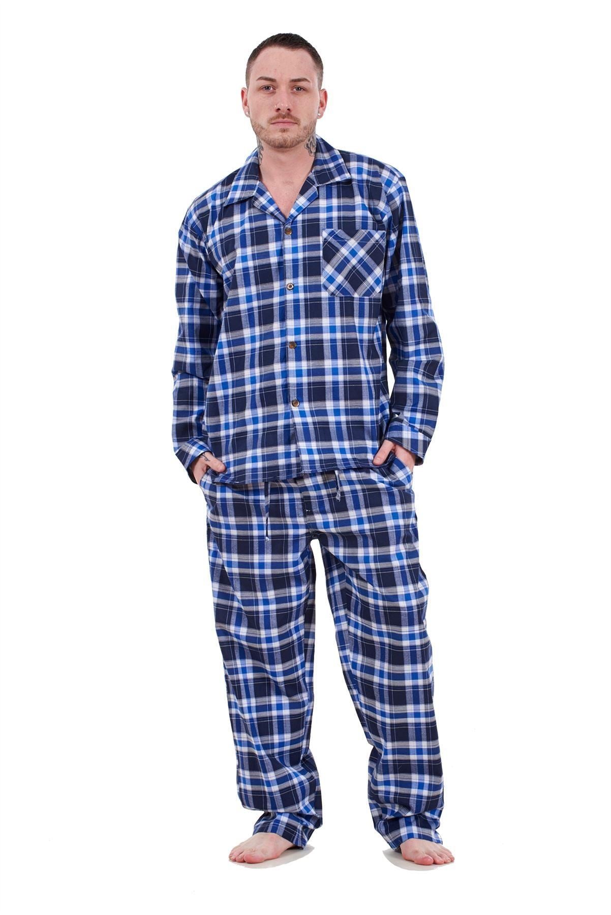 Mens Pyjama Set Yarn Dyed Woven Check Cotton Blend Loungewear Regular Big Size