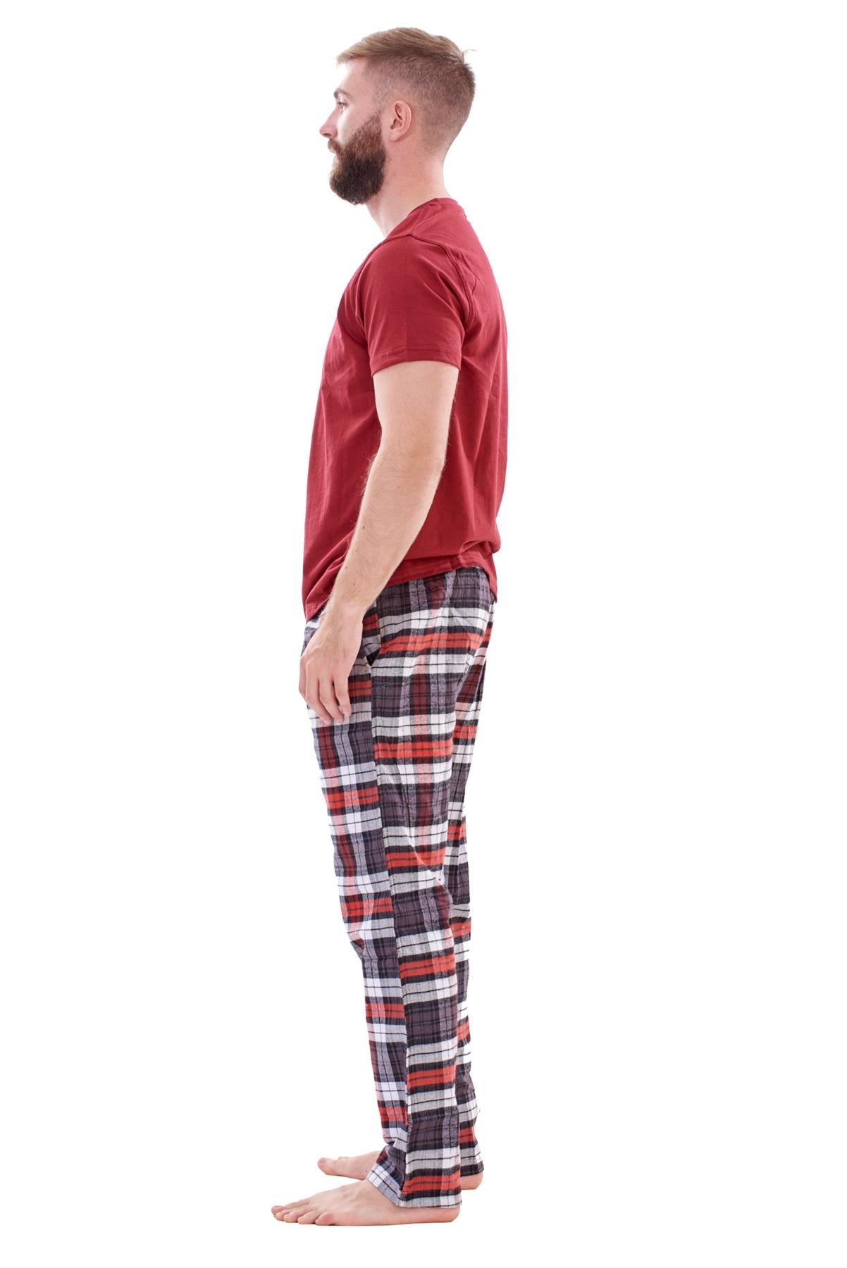 Mens Flannel Pyjama Set Brushed Cotton Check Jersey Top Loungewear Lightweight
