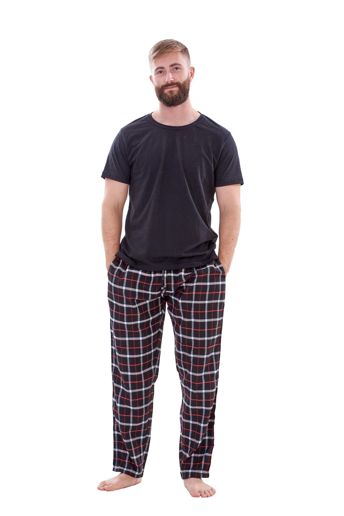 Mens Flannel Pyjama Set Brushed Cotton Check Jersey Top Loungewear Lightweight