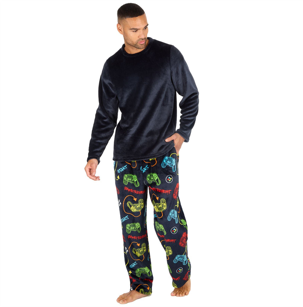 Mens Fleece Pyjamas Long Sleeve Pyjama Set Gamer Gaming Check Size S-XXL