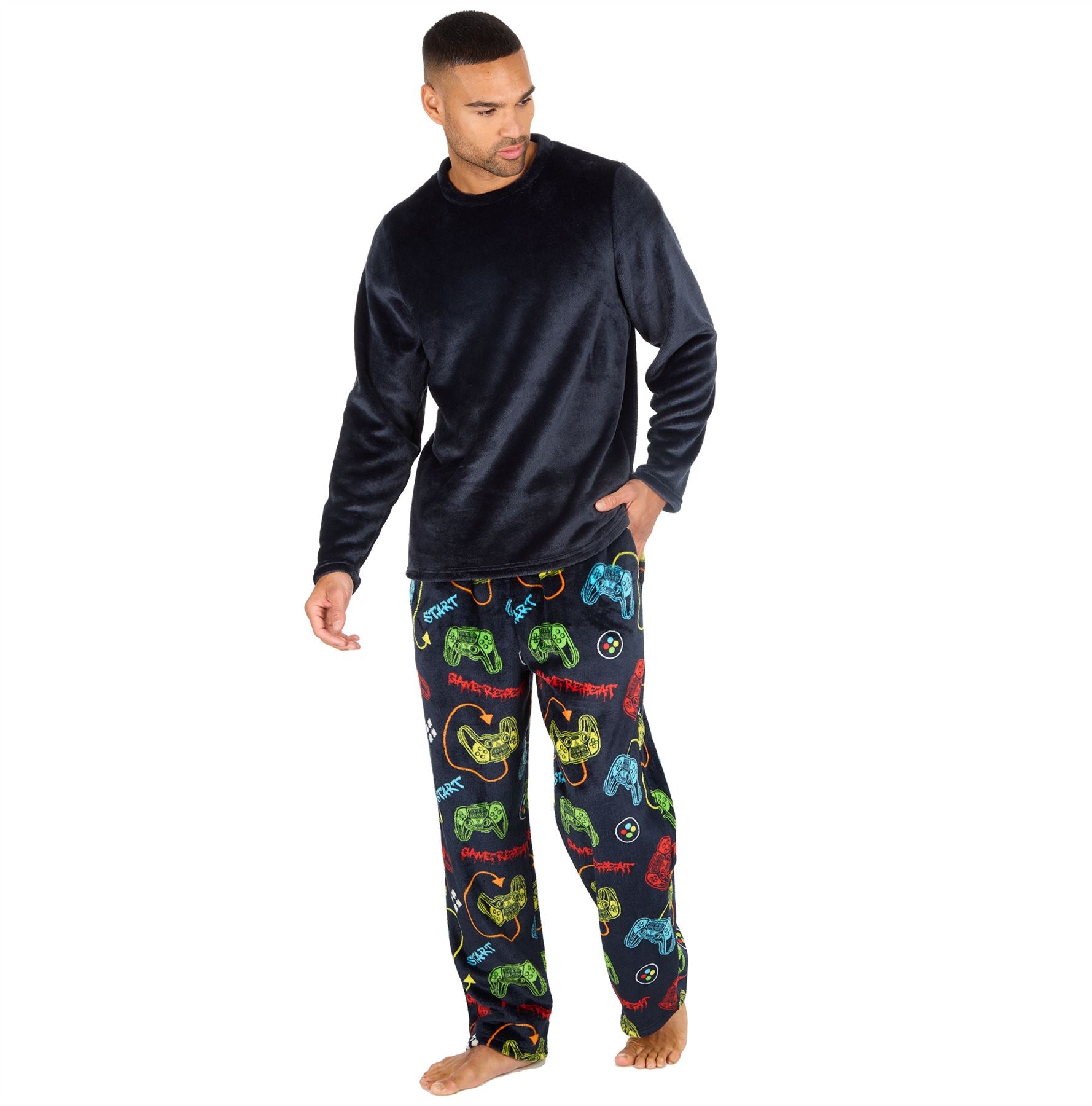 Mens Fleece Pyjamas Long Sleeve Pyjama Set Gamer Gaming Check Size S-XXL