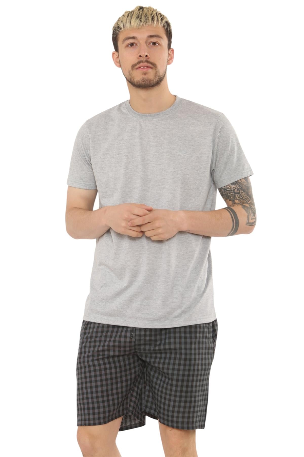 Mens Check Cotton Pyjama Set T-Shirt Woven Shorts Lounge Sleepwear Nightwear Set