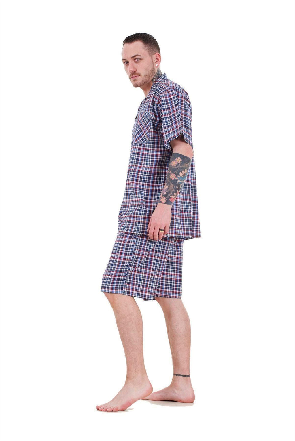 Mens Yarn Dyed Woven Pyjama Set Regular Big Size Check Cotton Blend Shorts M-5XL