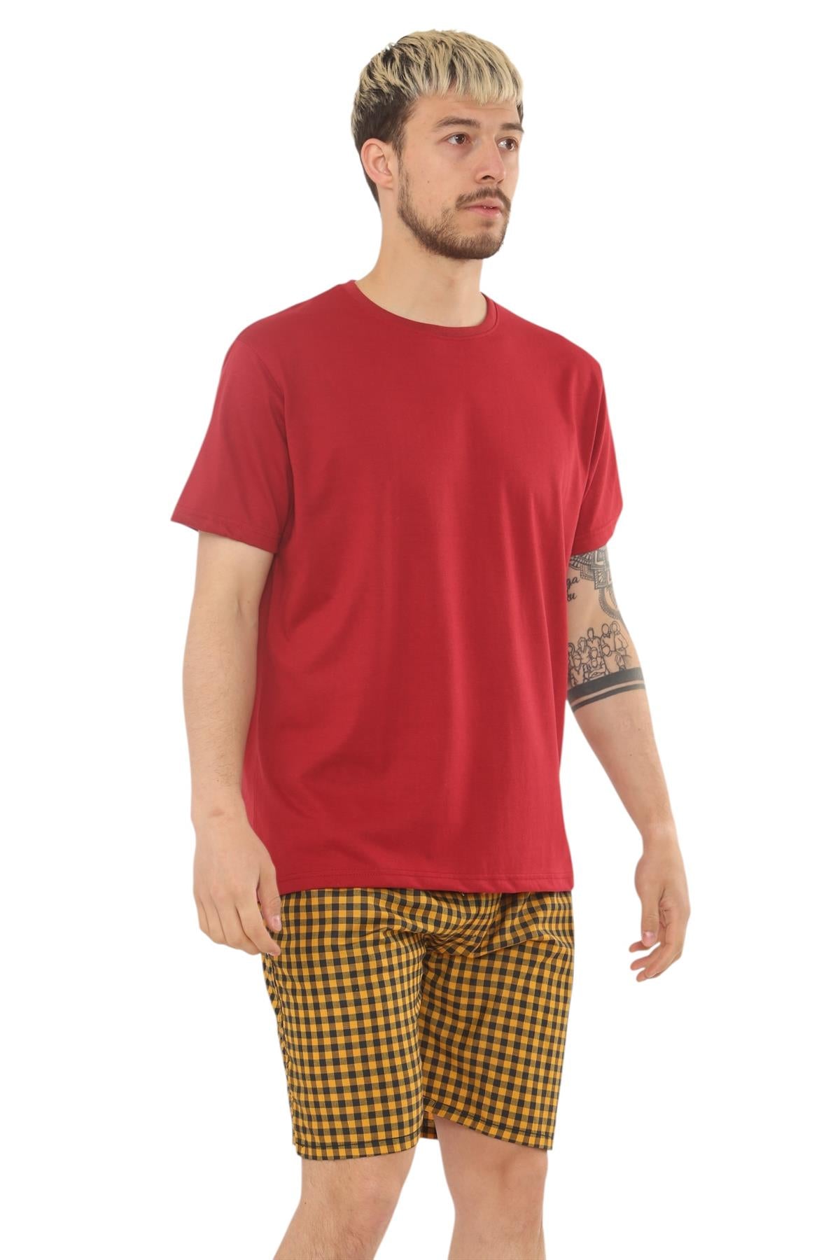 Mens Check Cotton Pyjama Set T-Shirt Woven Shorts Lounge Sleepwear Nightwear Set