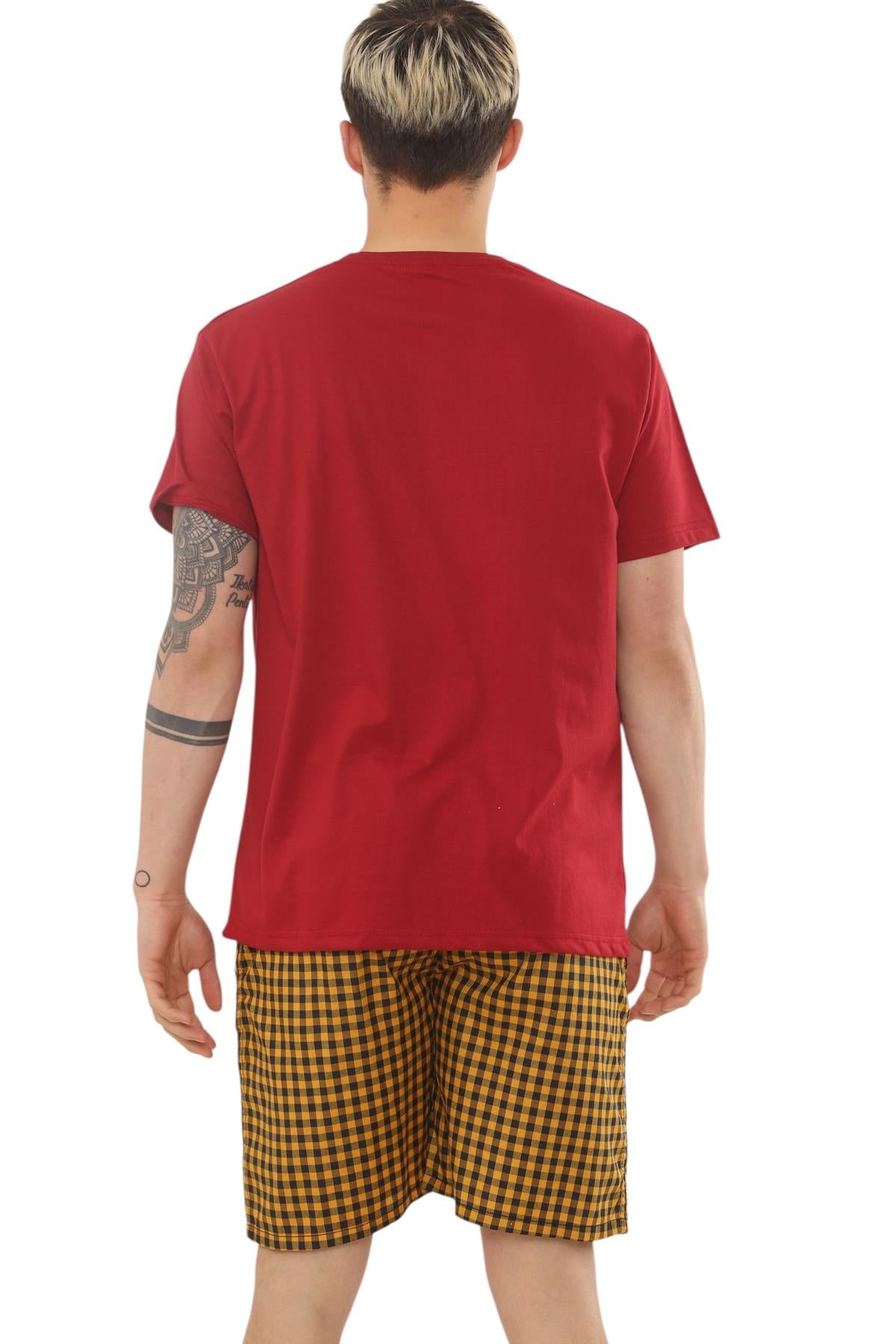 Mens Check Cotton Pyjama Set T-Shirt Woven Shorts Lounge Sleepwear Nightwear Set