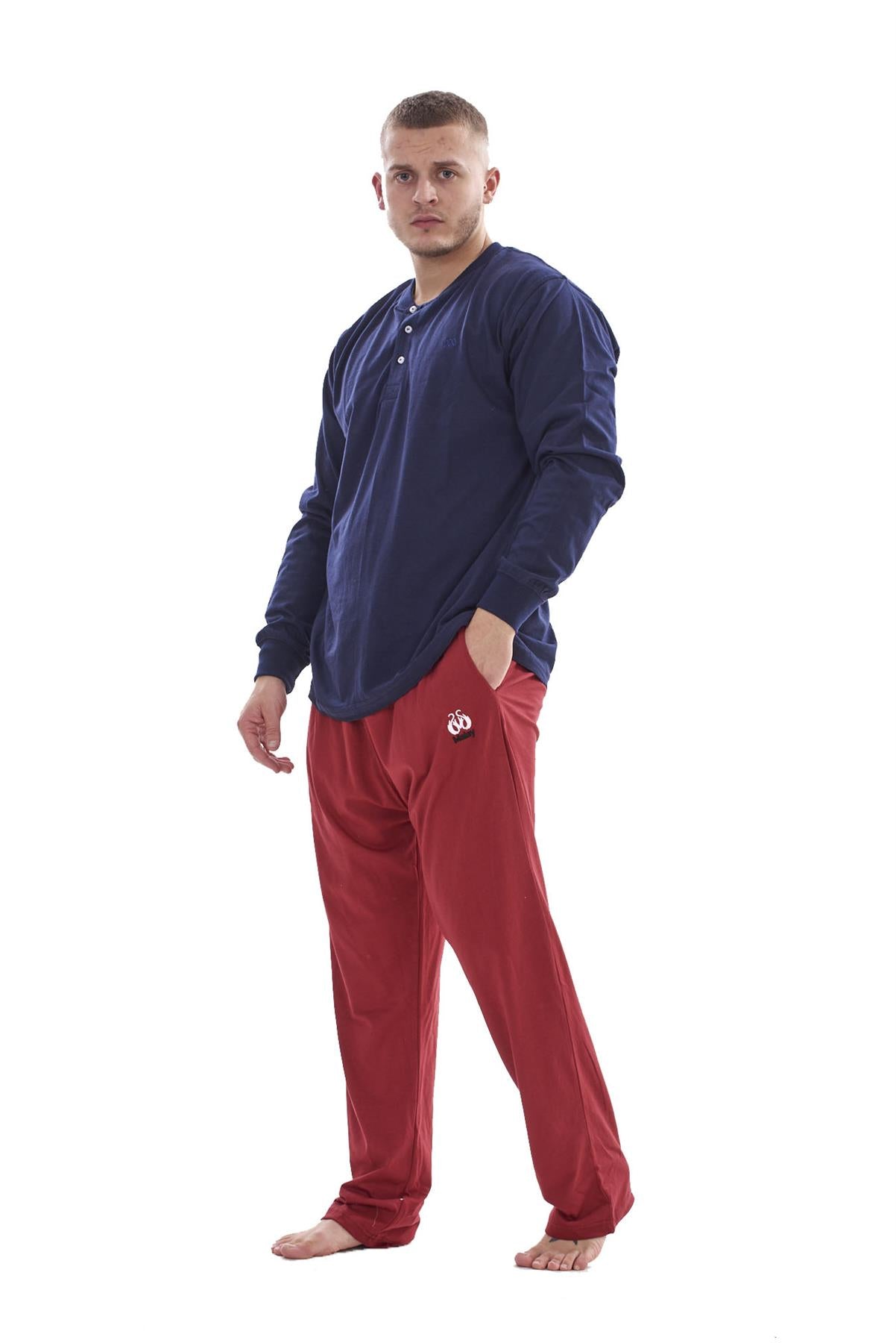 Mens Pyjama Set Cotton Jersey Henley Top Loungewear Lightweight Nightwear M-XXL