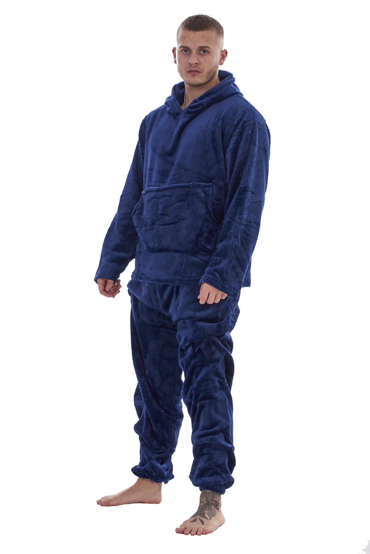 Mens Fleece Flannel Pyjama Set Hooded Warm Winter Loungewear M to XXL