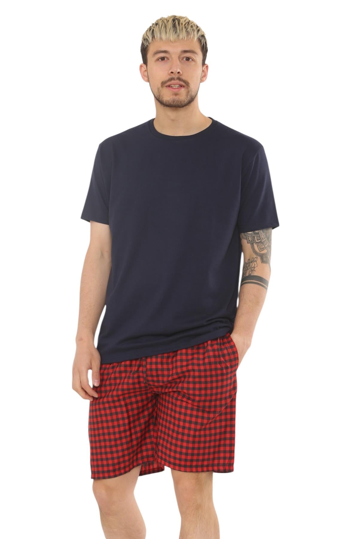 Mens Check Cotton Pyjama Set T-Shirt Woven Shorts Lounge Sleepwear Nightwear Set